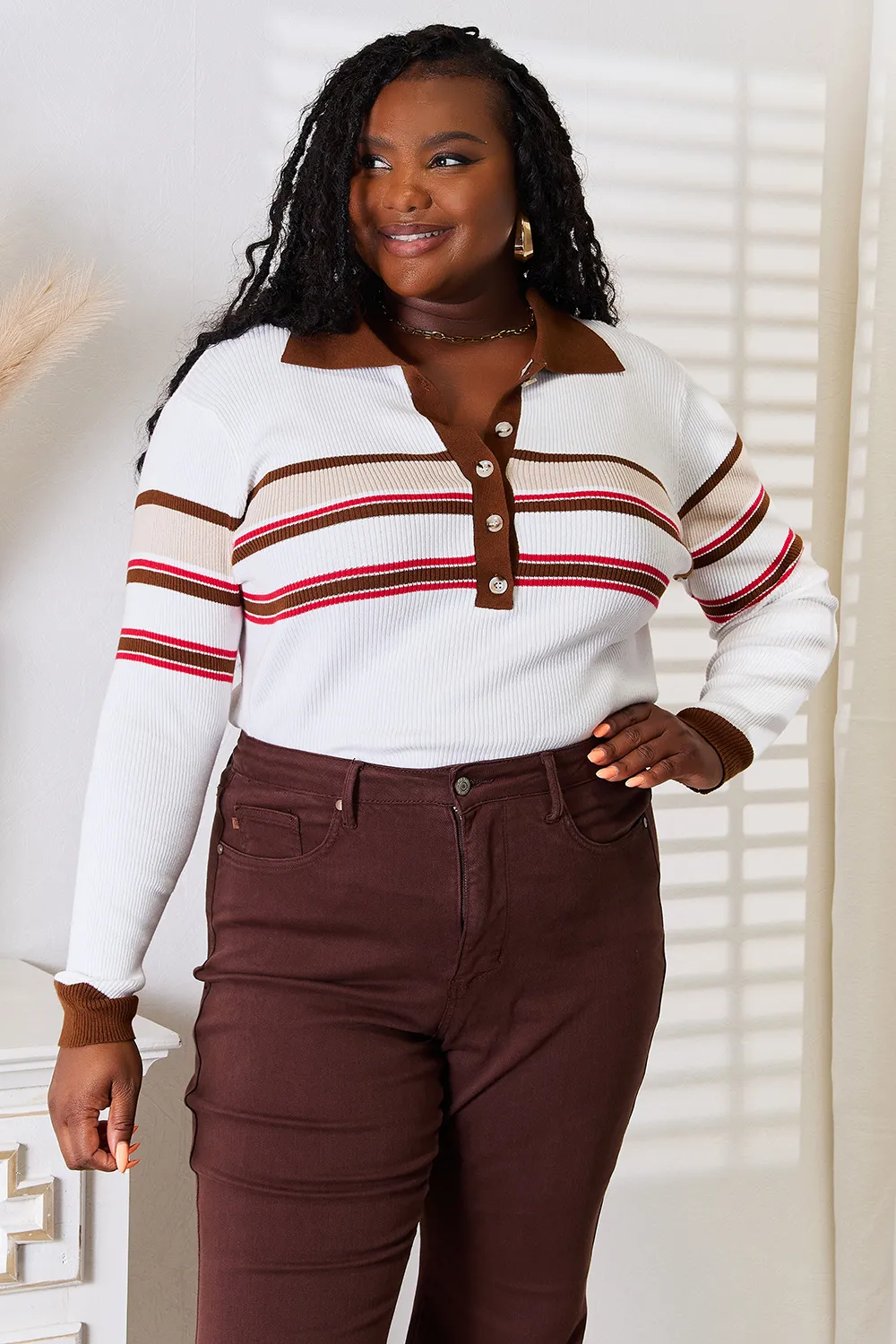 Striped Collared Neck Rib-Knit Top, image 2