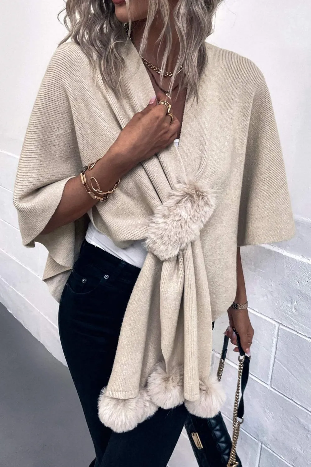Surplice Neck Pom-Pom Trim Poncho, image 4