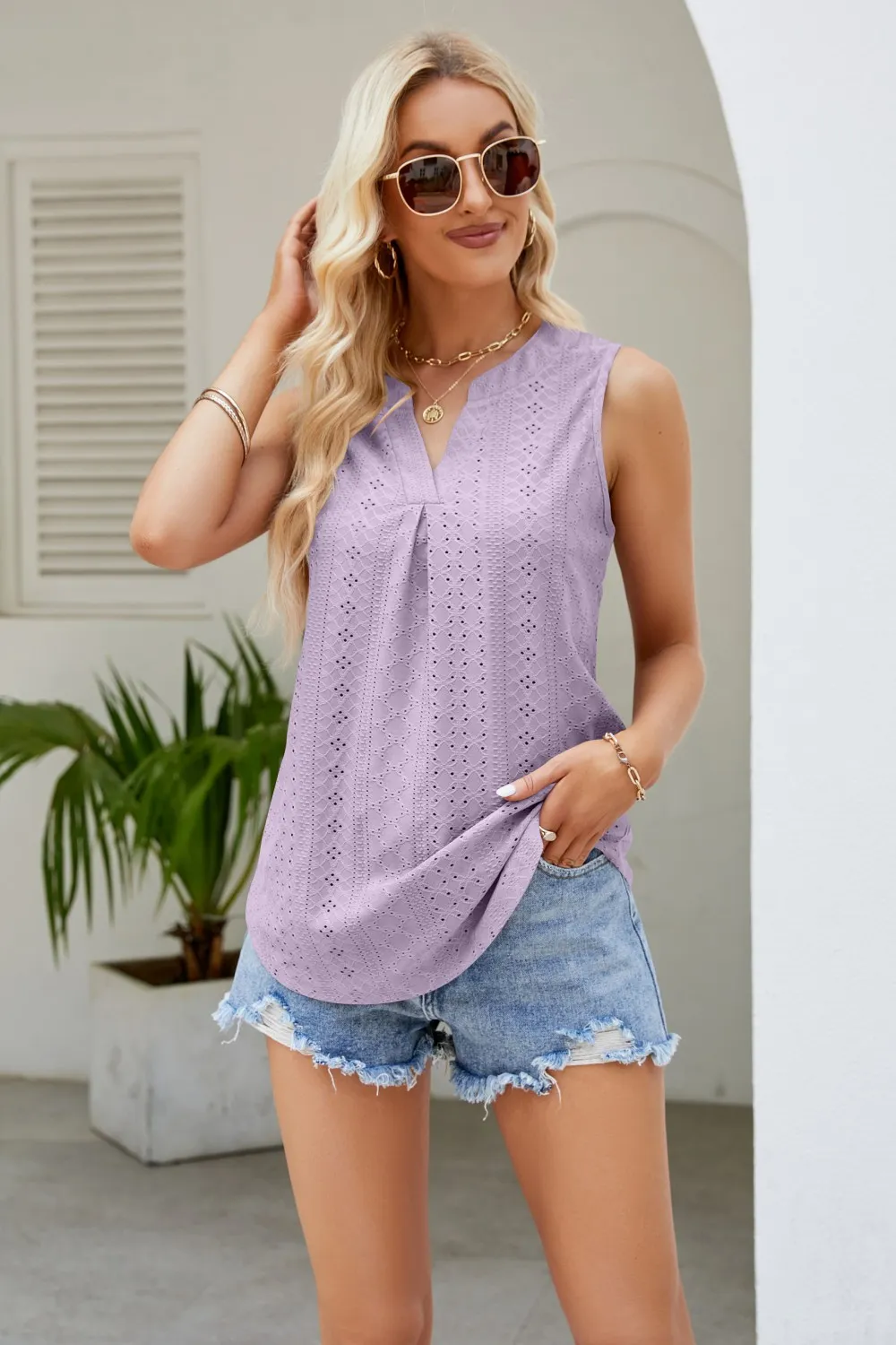 Notched Neck Curved Hem Eyelet Tank, image 2