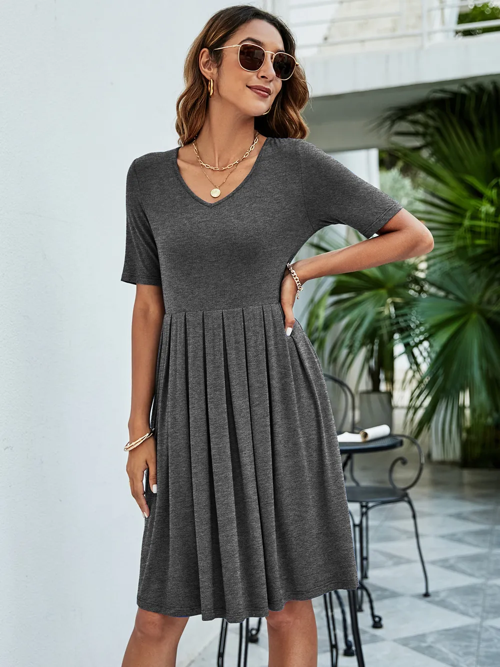 Pleated V-Neck Short Sleeve Tee Dress, image 3