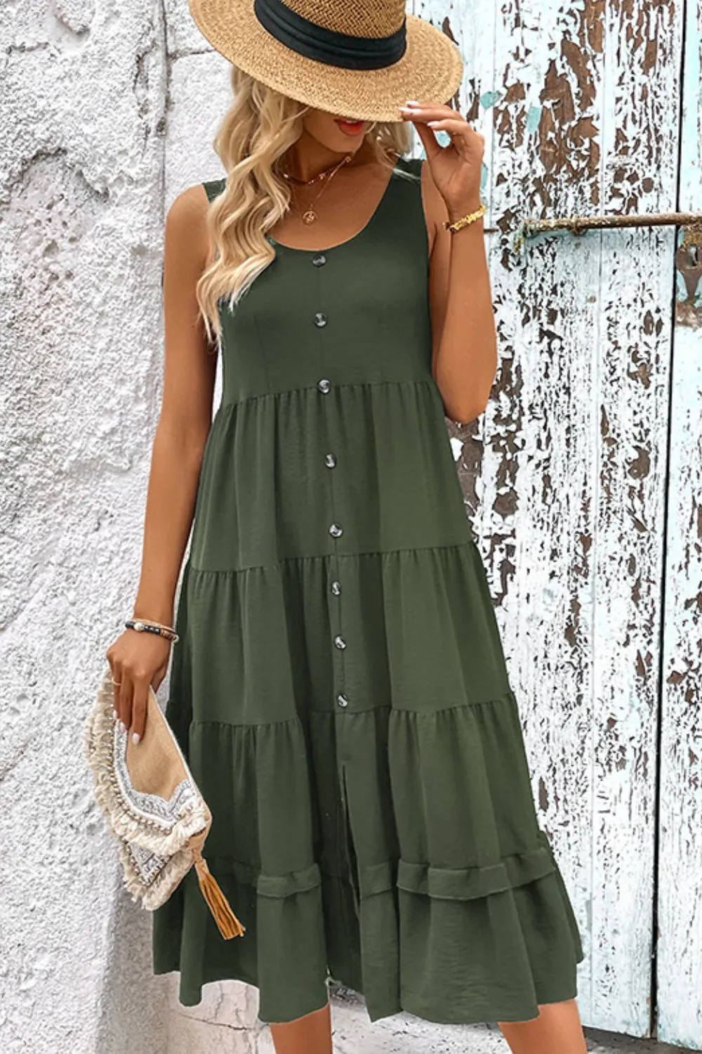 Decorative Button Scoop Neck Tiered Sleeveless Dress, image 2