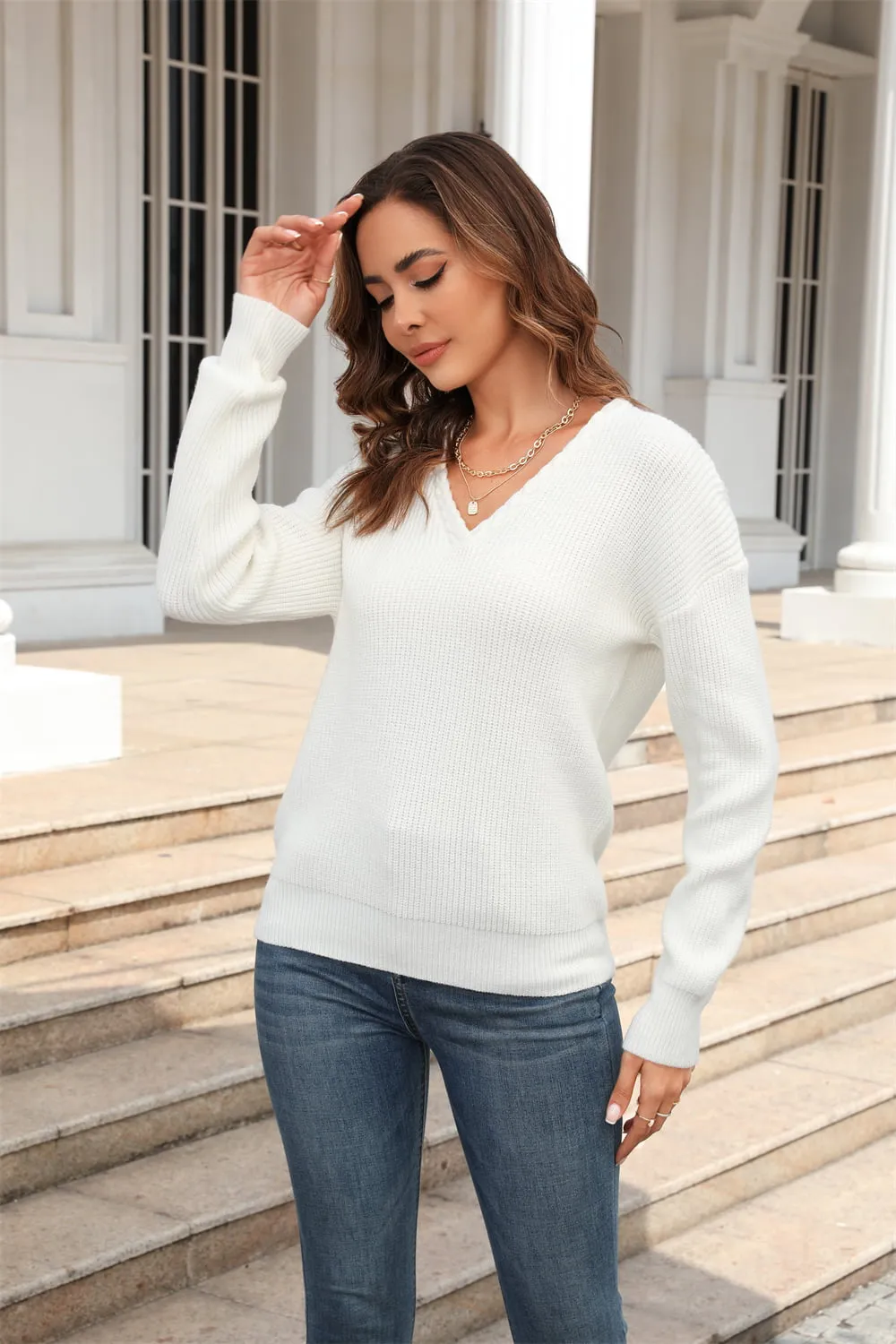 Ribbed V-Neck Dropped Shoulder Knit Top, image 7