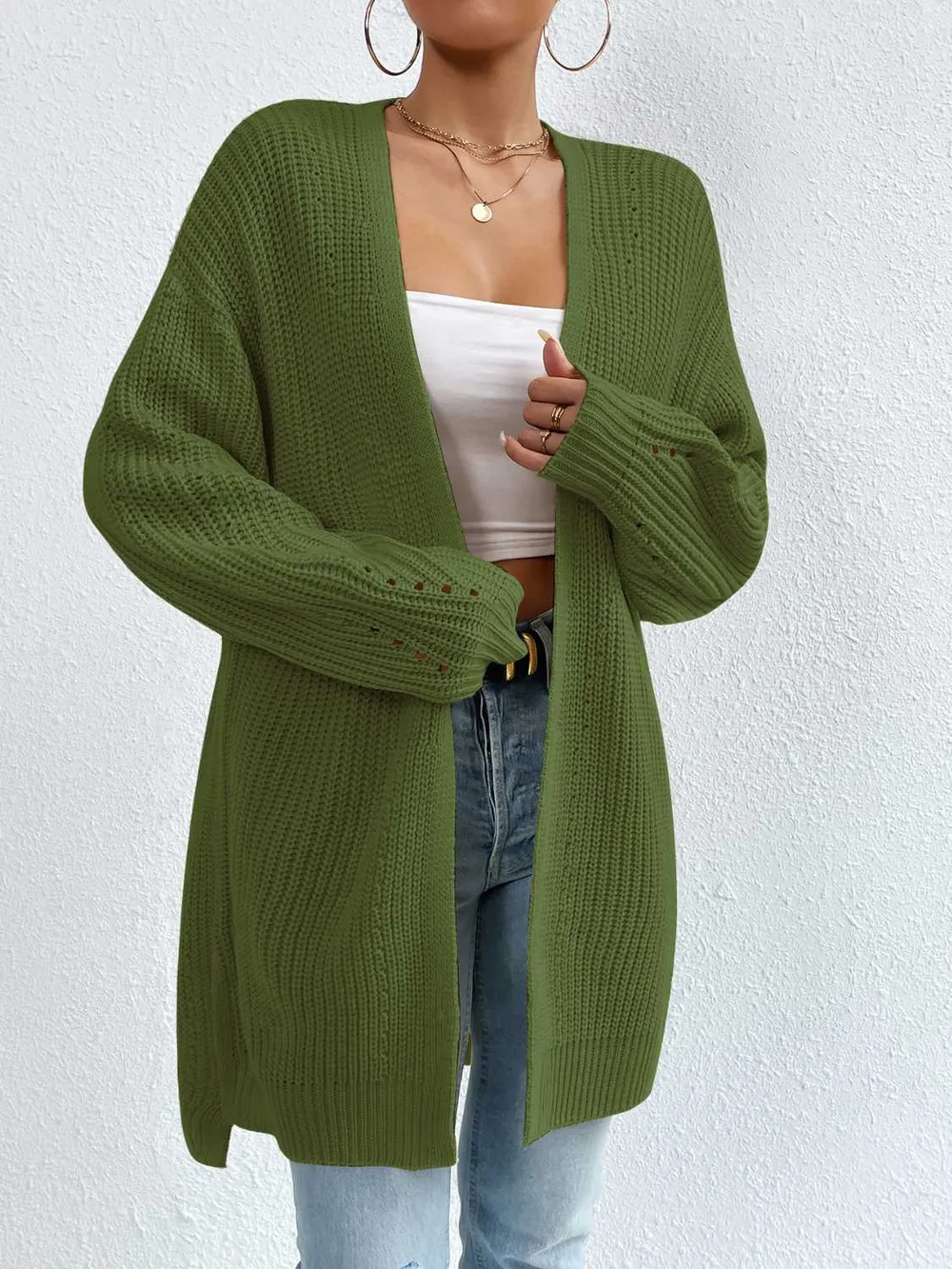 Open Front Dropped Shoulder Slit Cardigan, image 3