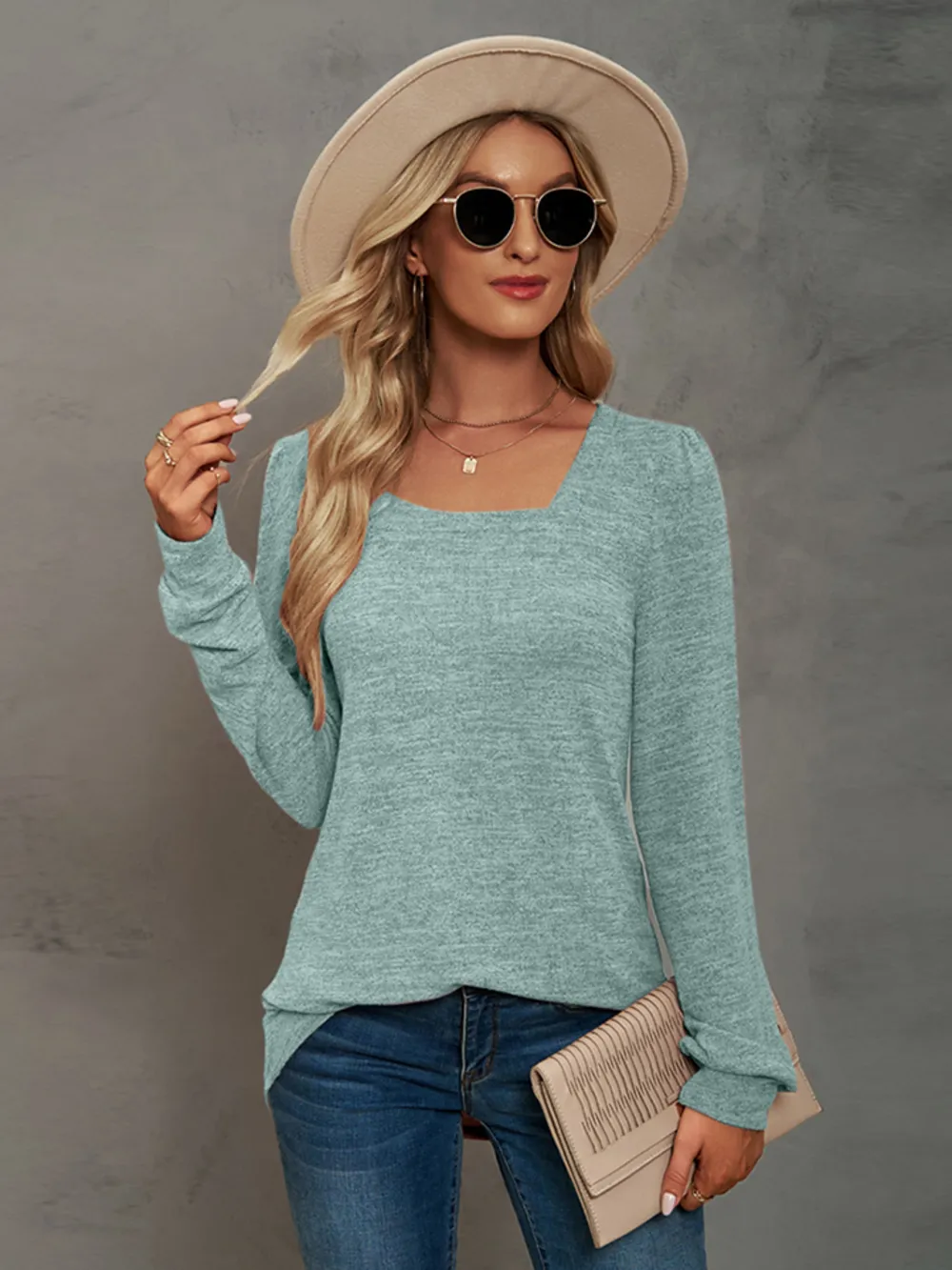 Heathered Square Neck Long Sleeve T-Shirt, image 9