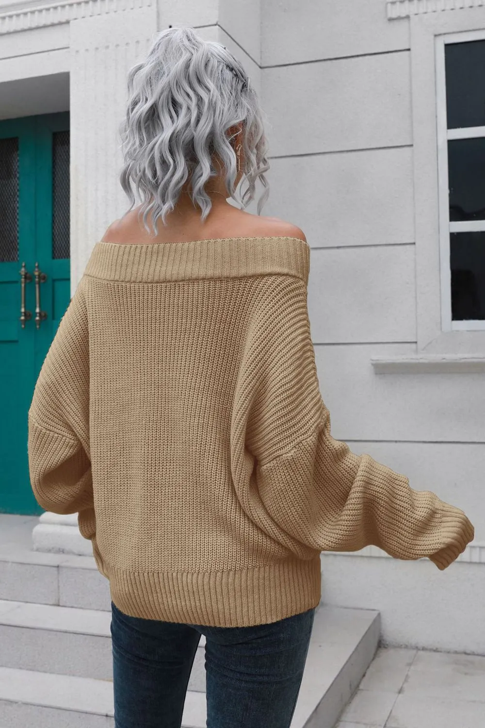 Off-Shoulder Ribbed Long Sleeve Pullover Sweater, image 8