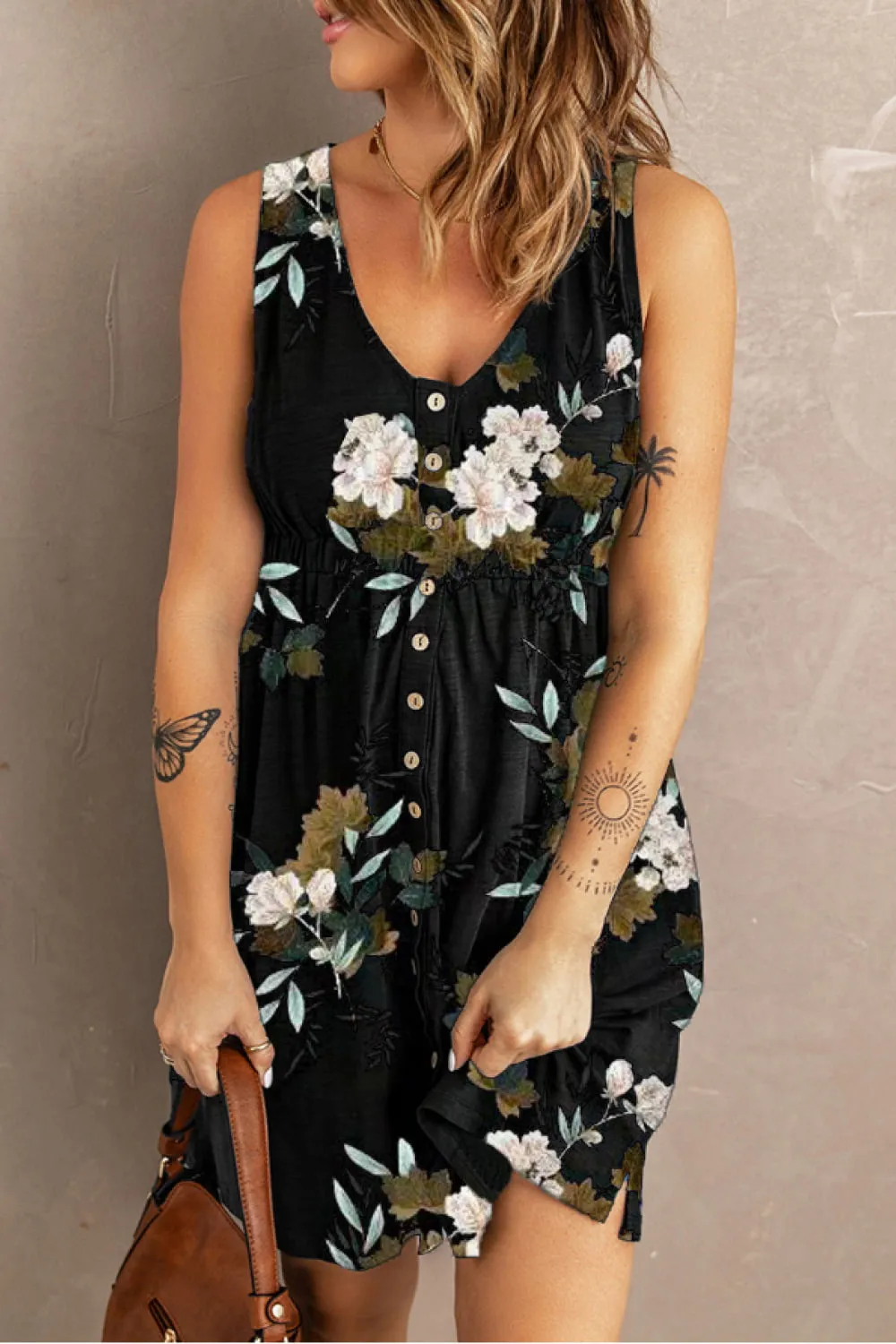Printed Scoop Neck Sleeveless Buttoned Magic Dress with Pockets, image 2