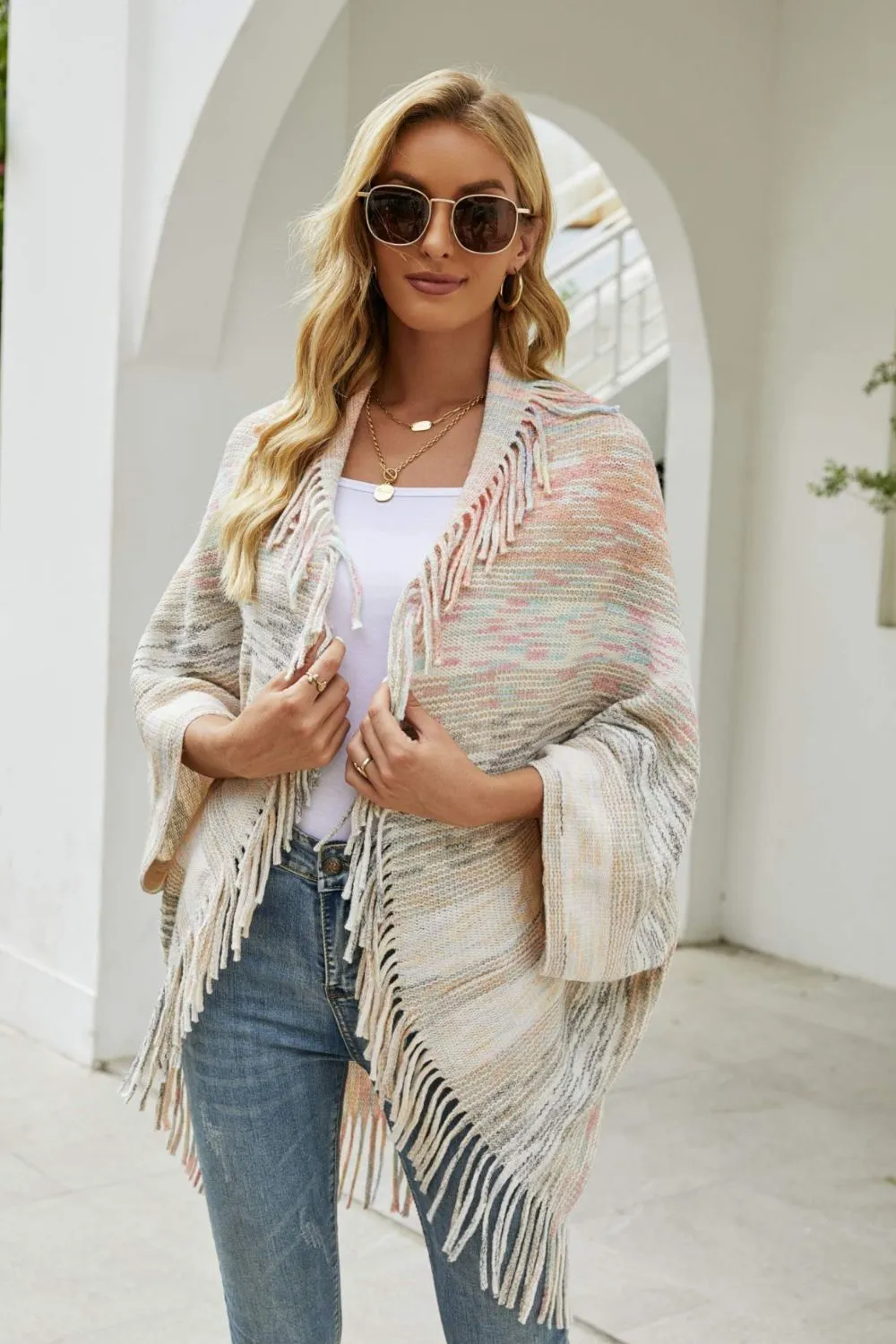 Multicolored Fringe Trim Poncho, image 2