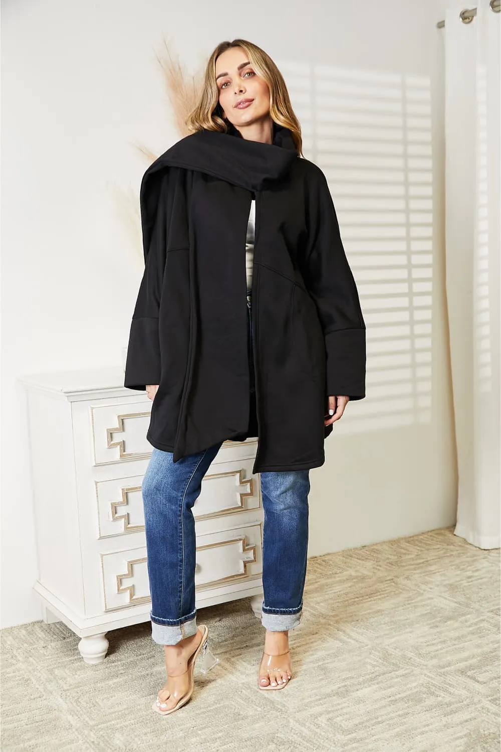 Full Size Open Front Cardigan with Scarf Design, image 8