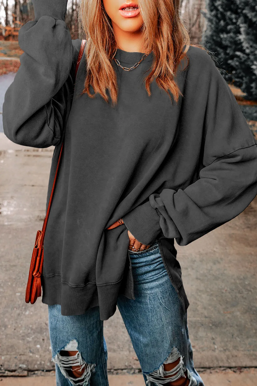 Dropped Shoulder Round Neck Long Sleeve Blouse, image 2
