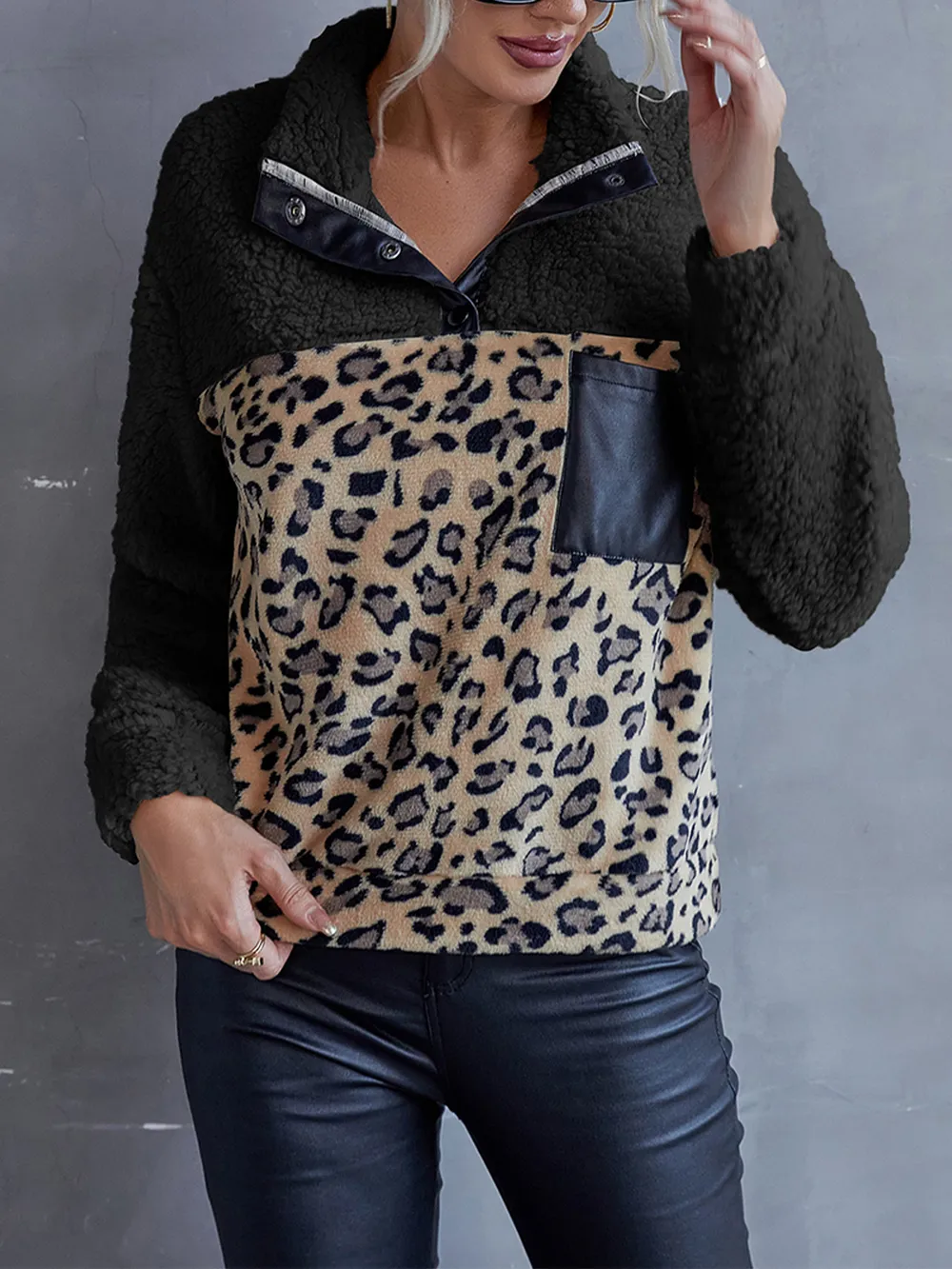 Leopard Quarter-Snap Teddy Sweatshirt, image 7