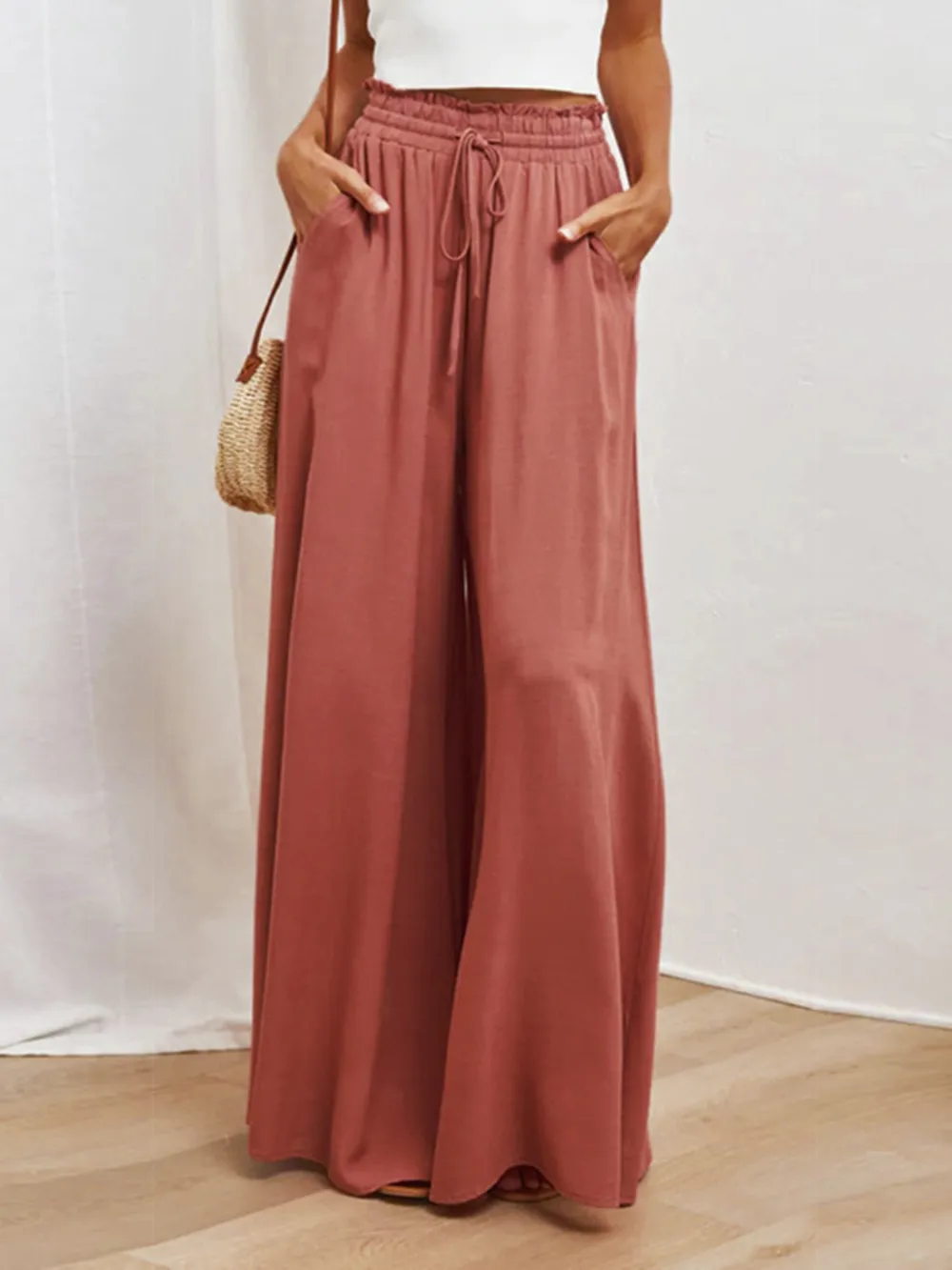 Drawstring Waist Wide Leg Pants, image 3