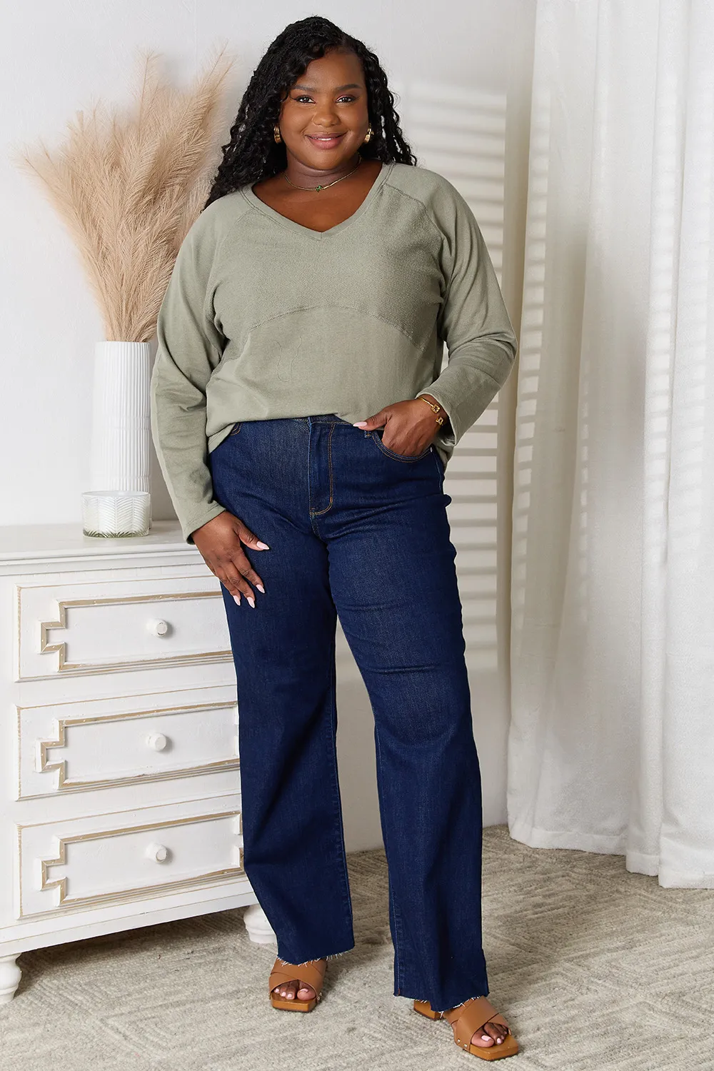 Full Size V-Neck Long Sleeve T-Shirt, image 4