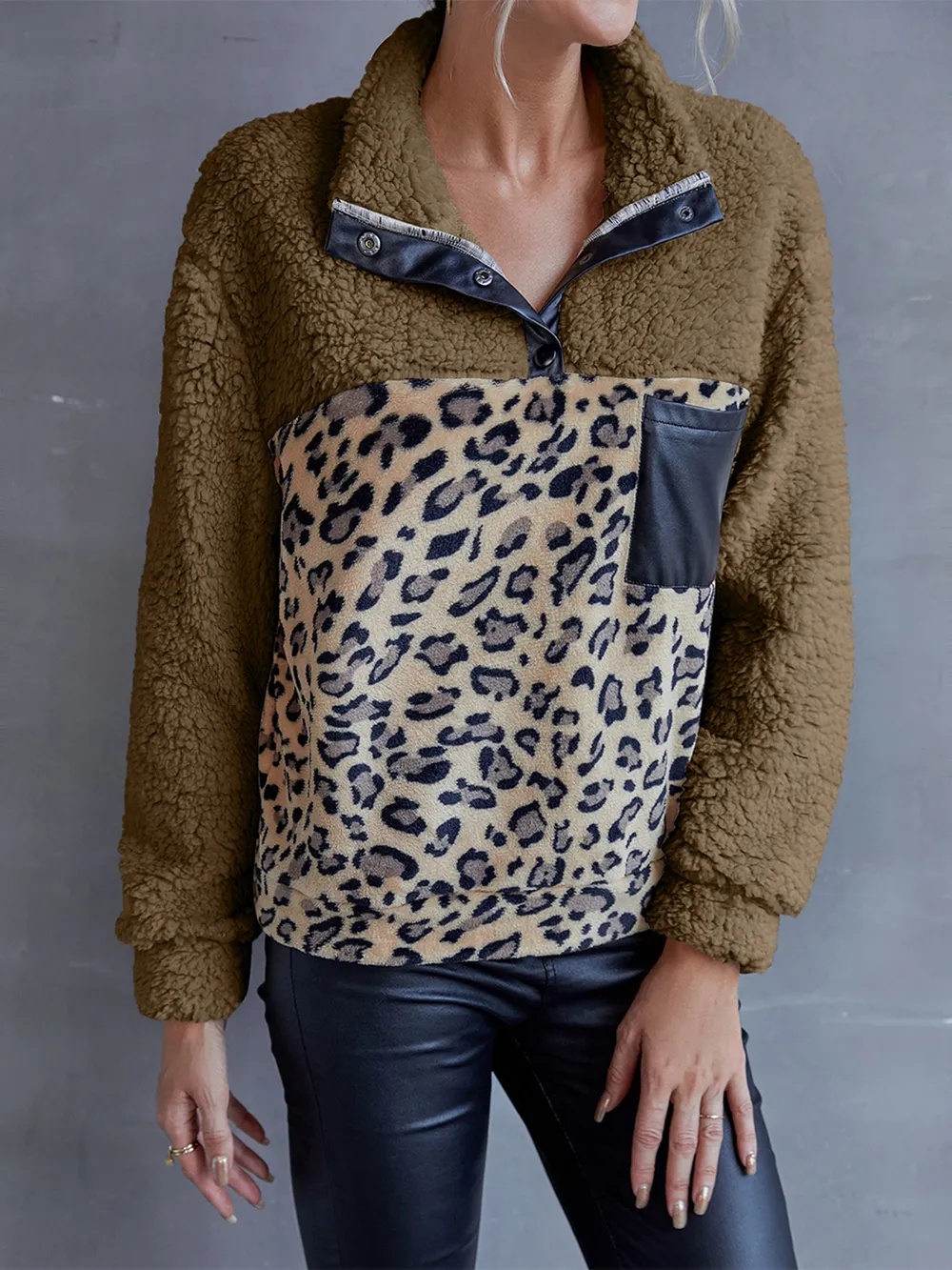 Leopard Quarter-Snap Teddy Sweatshirt, image 4
