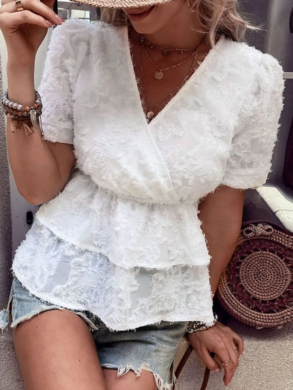 Surplice Neck Layered Peplum Top, image 2
