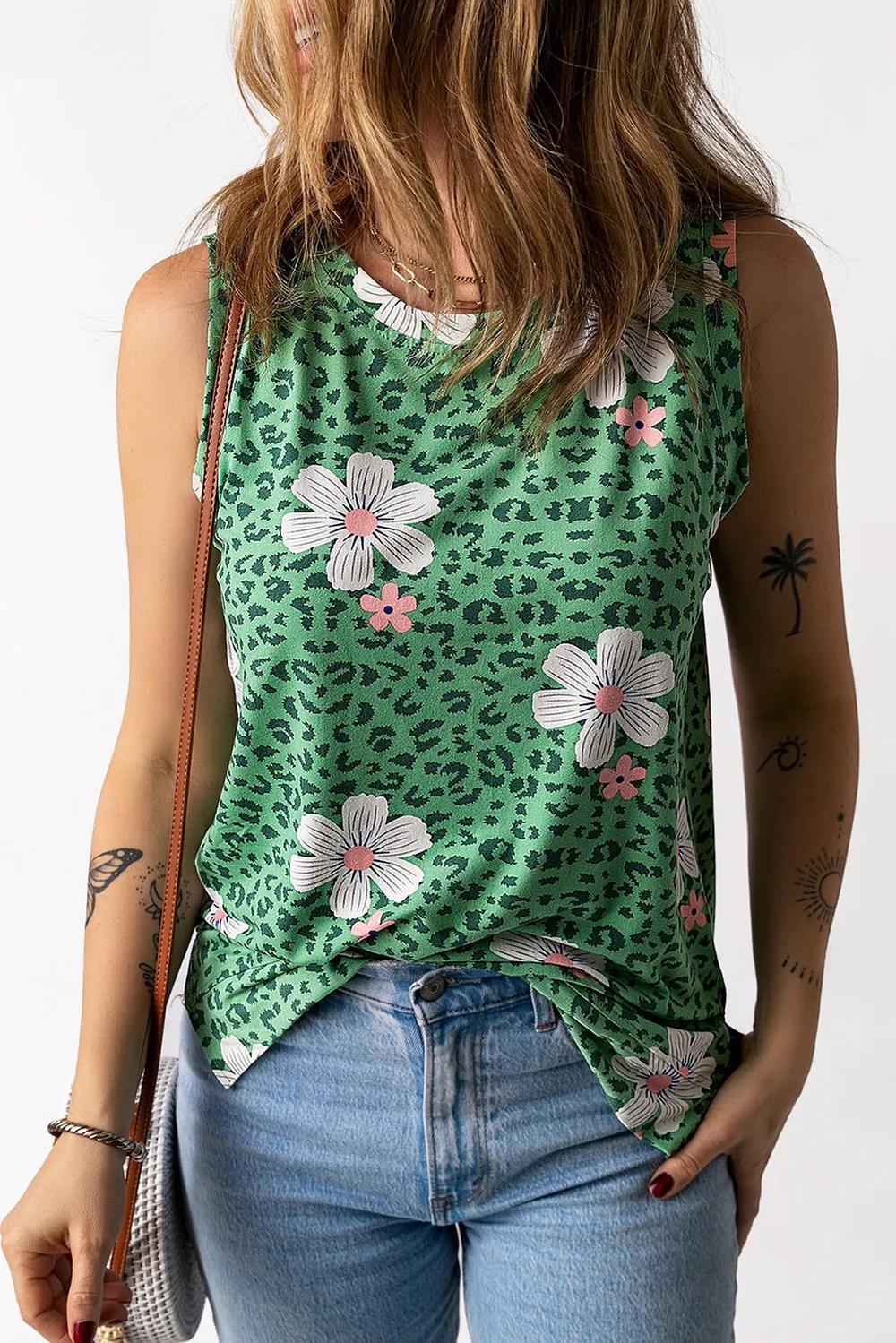 Printed Side Slit Round Neck Tank, image 4