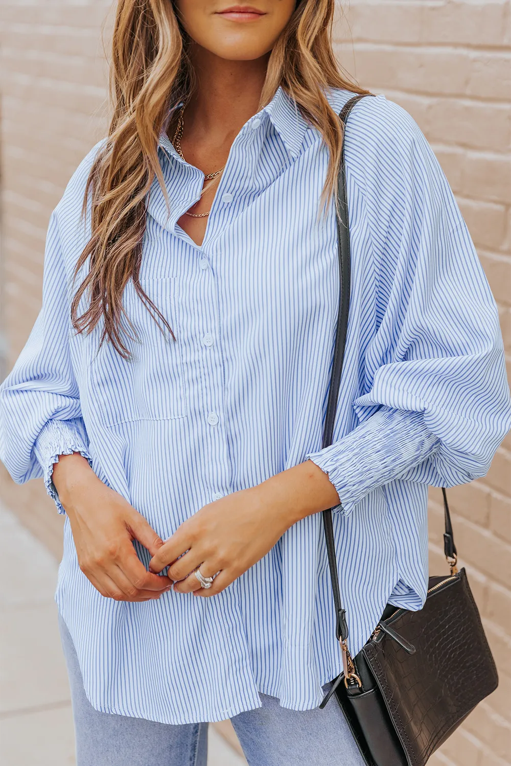 Striped Lantern Sleeve Collared Shirt, image 3