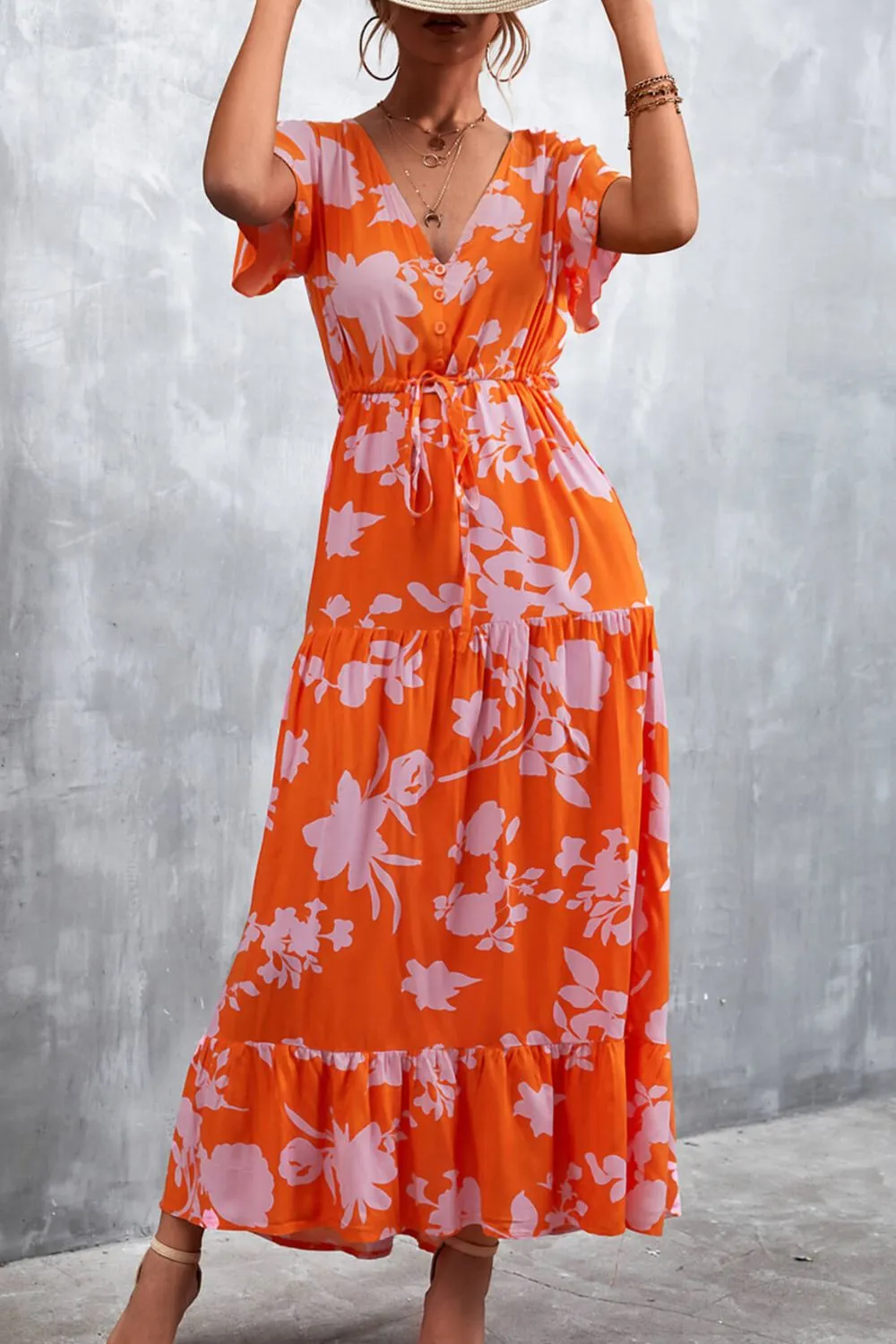 Floral Buttoned Drawstring Waist Tiered Dress, image 2