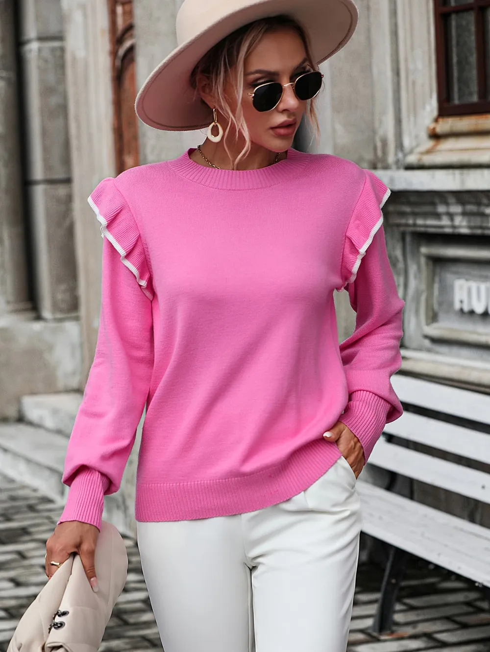Round Neck Ruffle Trim Long Sleeve Pullover Sweater, image 2