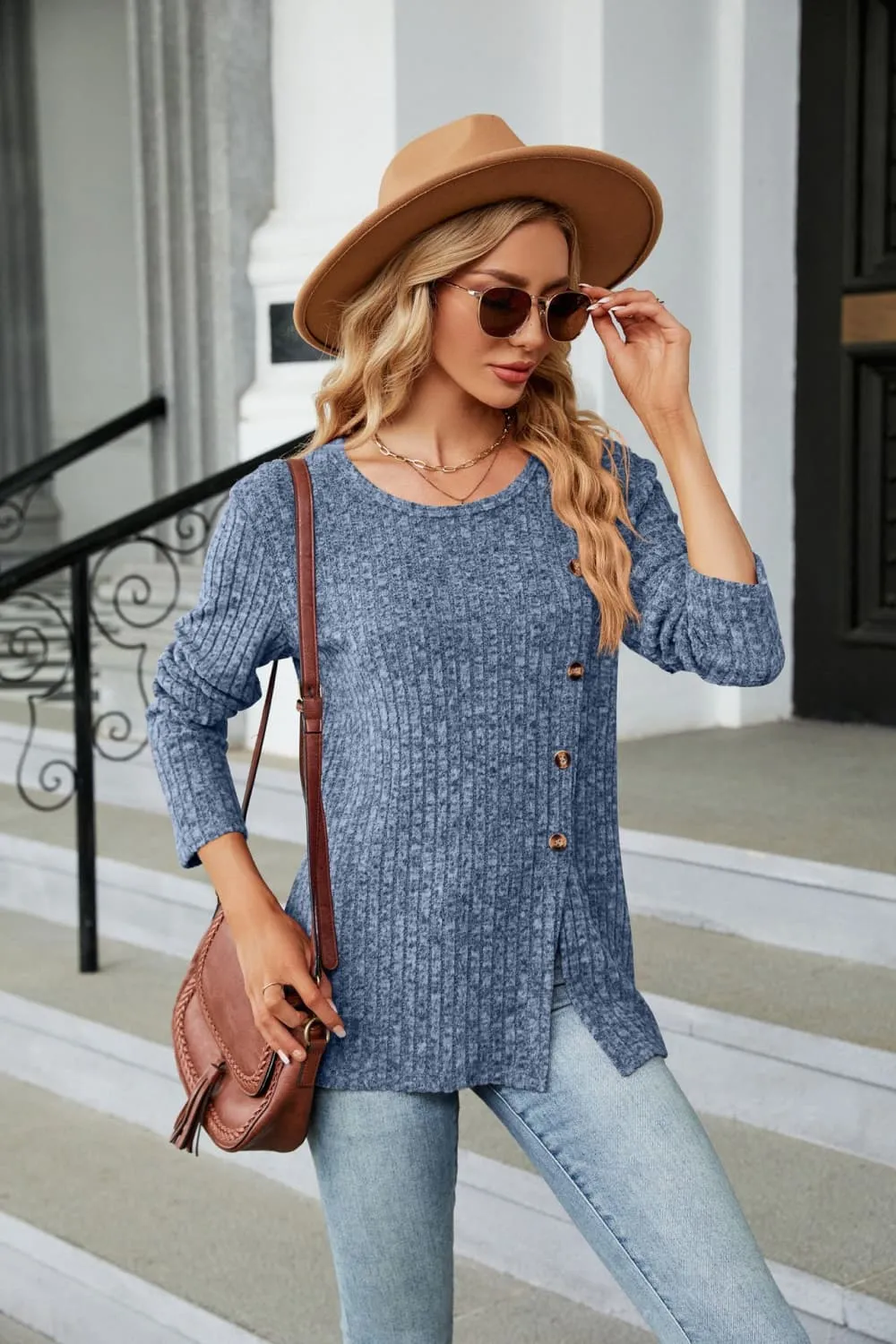 Buttoned Long Sleeve Slit Top, image 17