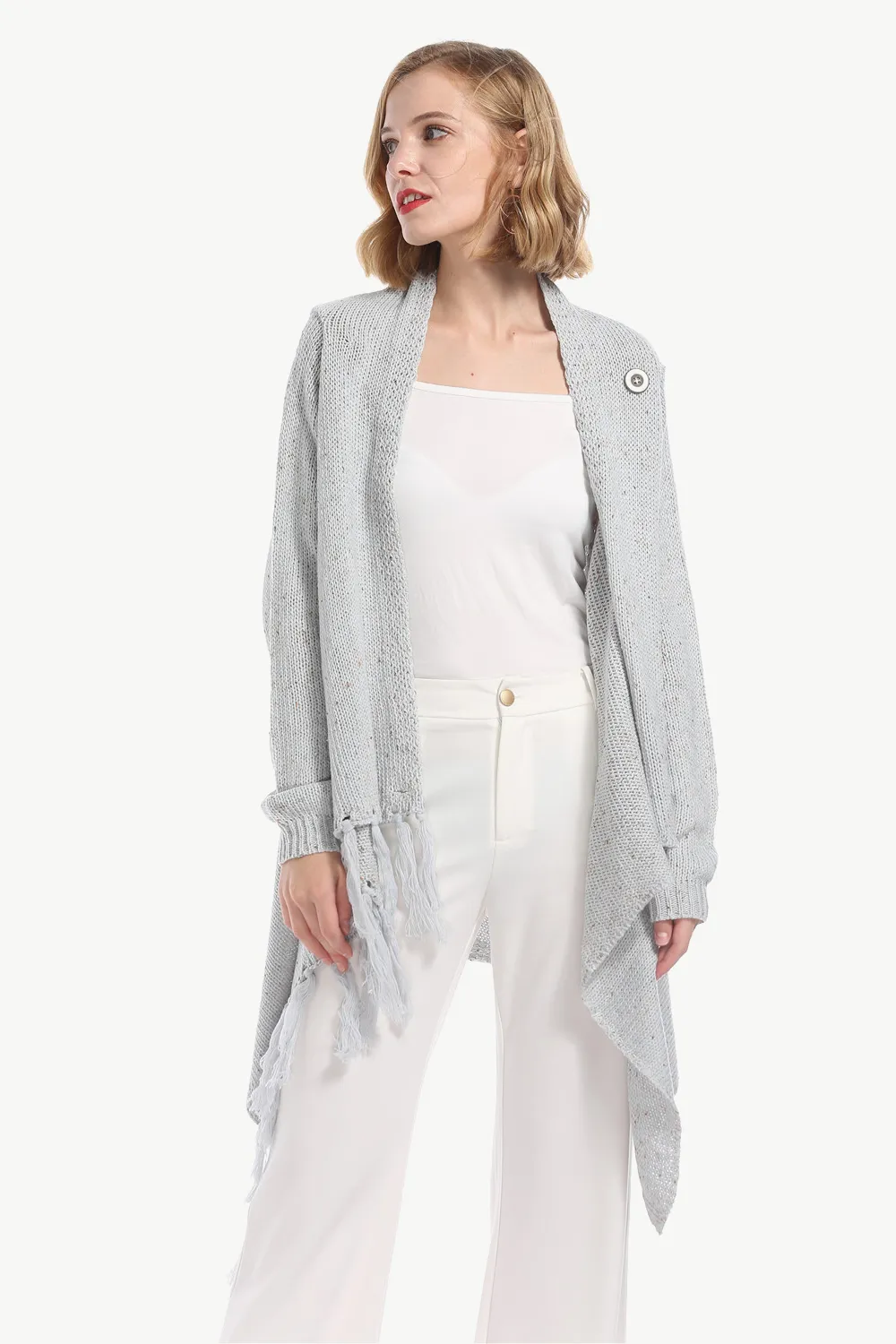 One-Button Tassel Tie Asymmetrical Hem Cardigan, image 13