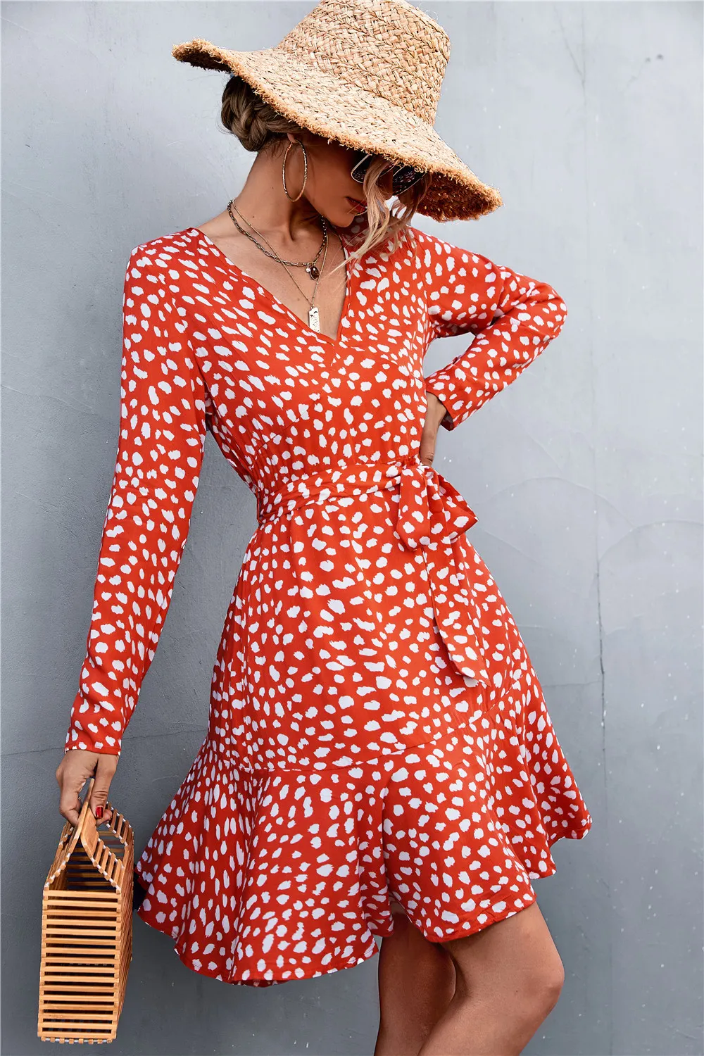 Printed V-Neck Tie Belt Ruffle Hem Mini Dress, image 2