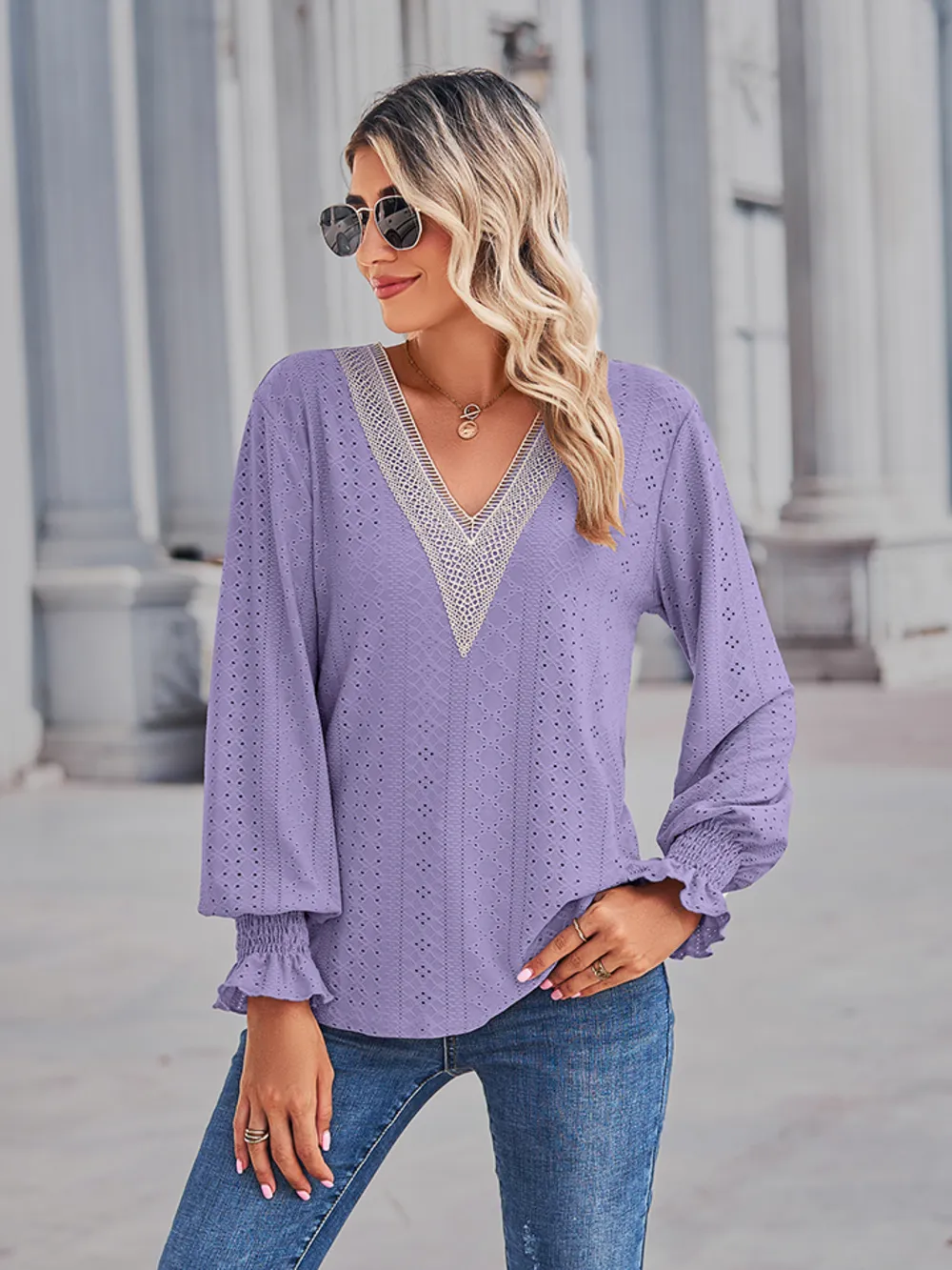 V-Neck Eyelet Flounce Sleeve Blouse, image 4