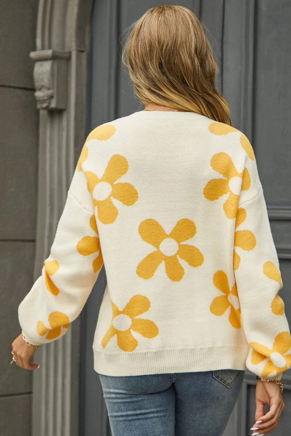 Floral Print Round Neck Dropped Shoulder Pullover Sweater, image 15