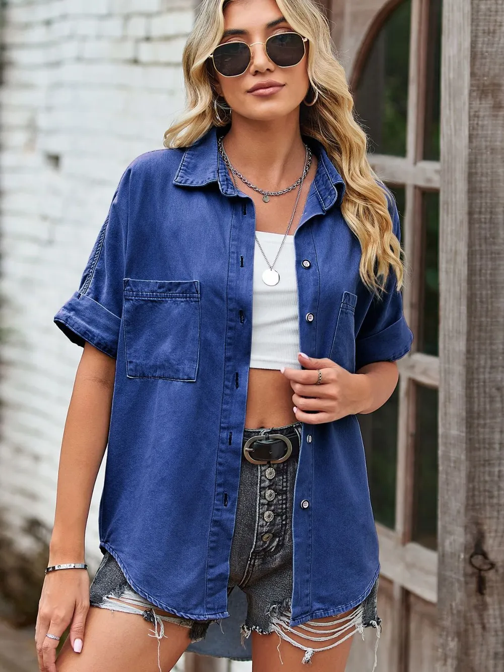 Short Sleeve Collared Neck Denim Shacket with Pockets, image 2