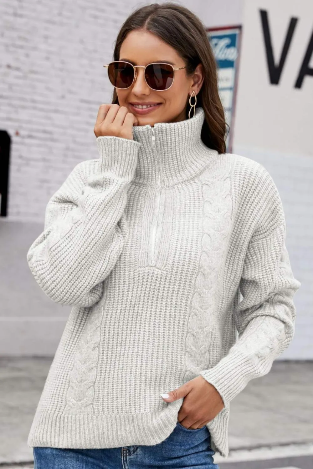 Half Zip Mixed Knit Collared Sweater, image 2