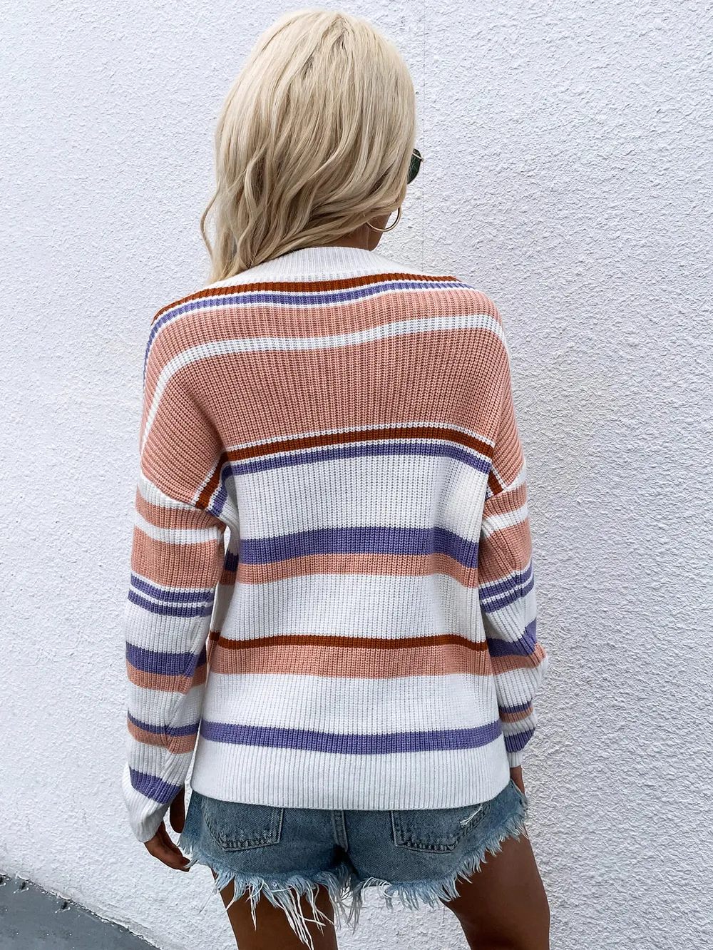 Striped Drop Shoulder Round Neck Pullover Sweater, image 2