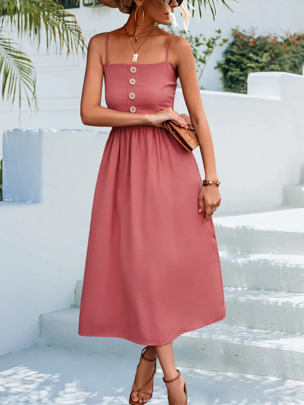 Decorative Button Spaghetti Strap Midi Dress, image 4