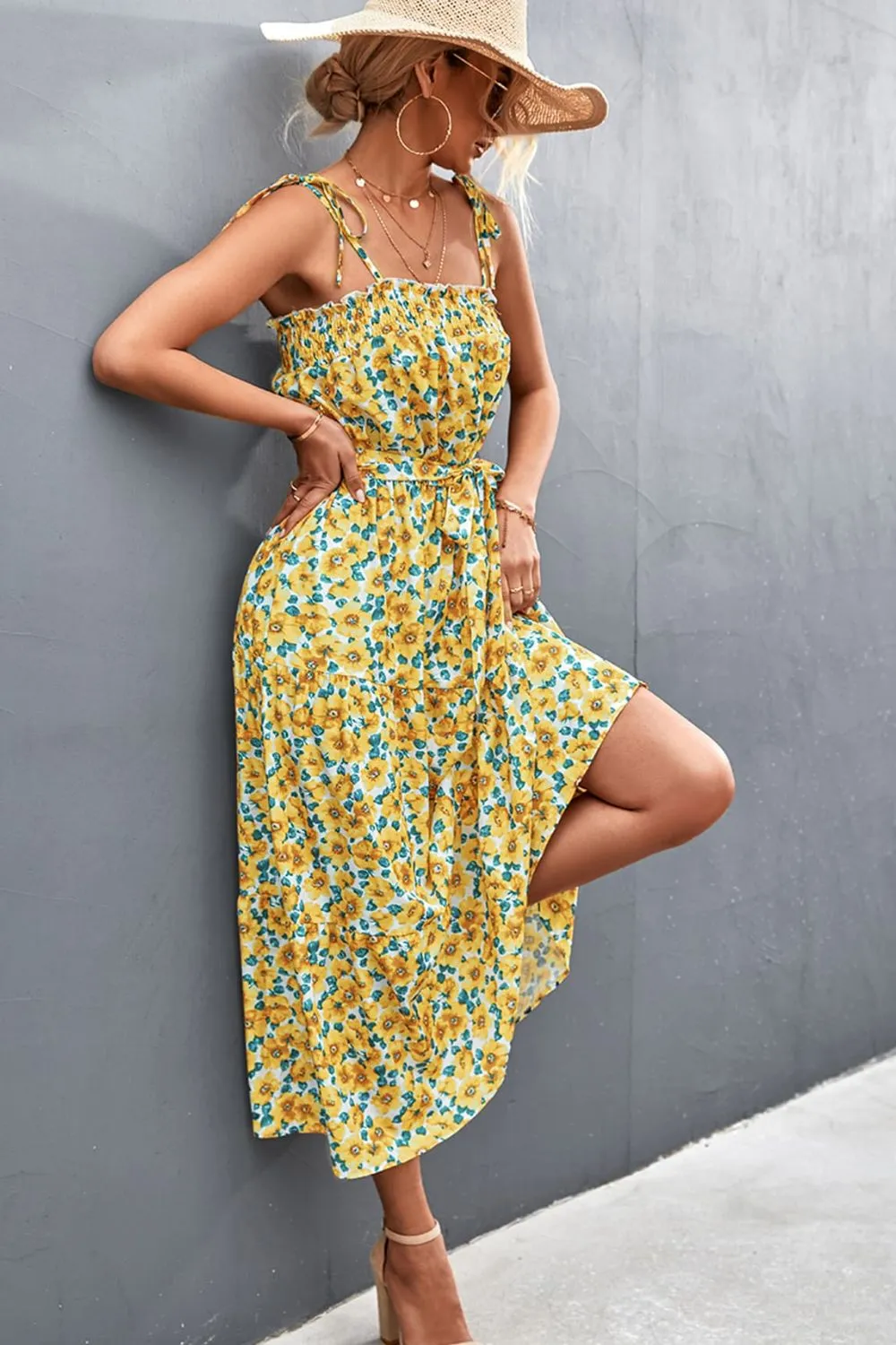 Floral Tie-Shoulder Belted Dress, image 2
