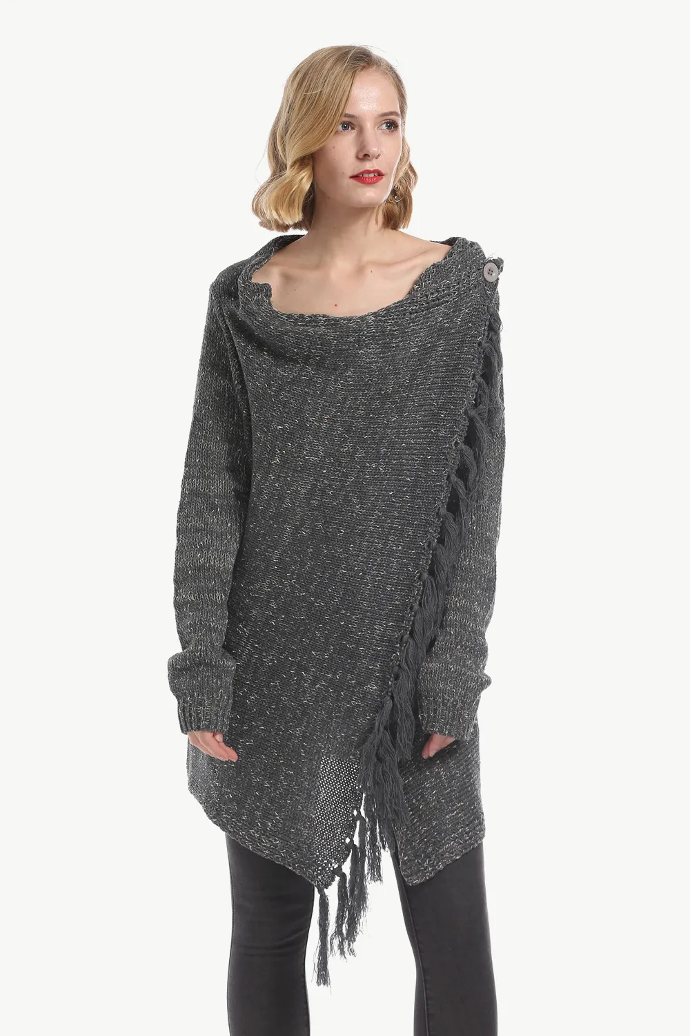 One-Button Tassel Tie Asymmetrical Hem Cardigan, image 19