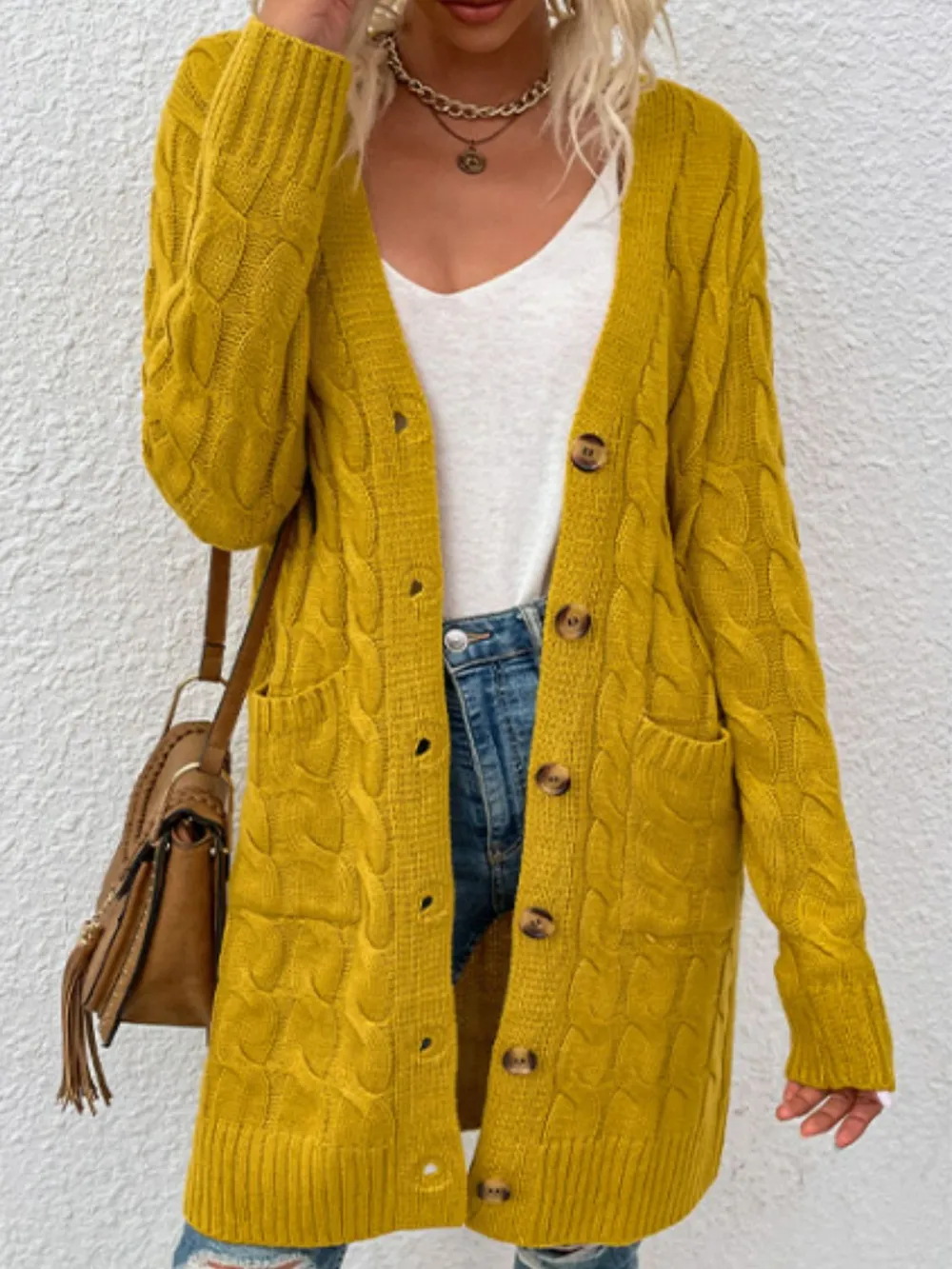 Cable-Knit Button Down Cardigan with Pockets, image 2