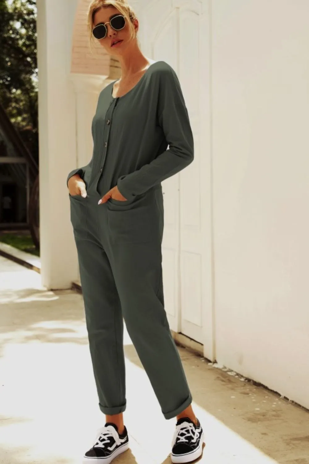 Buttoned Drop Shoulder Pocket Jumpsuit, image 3
