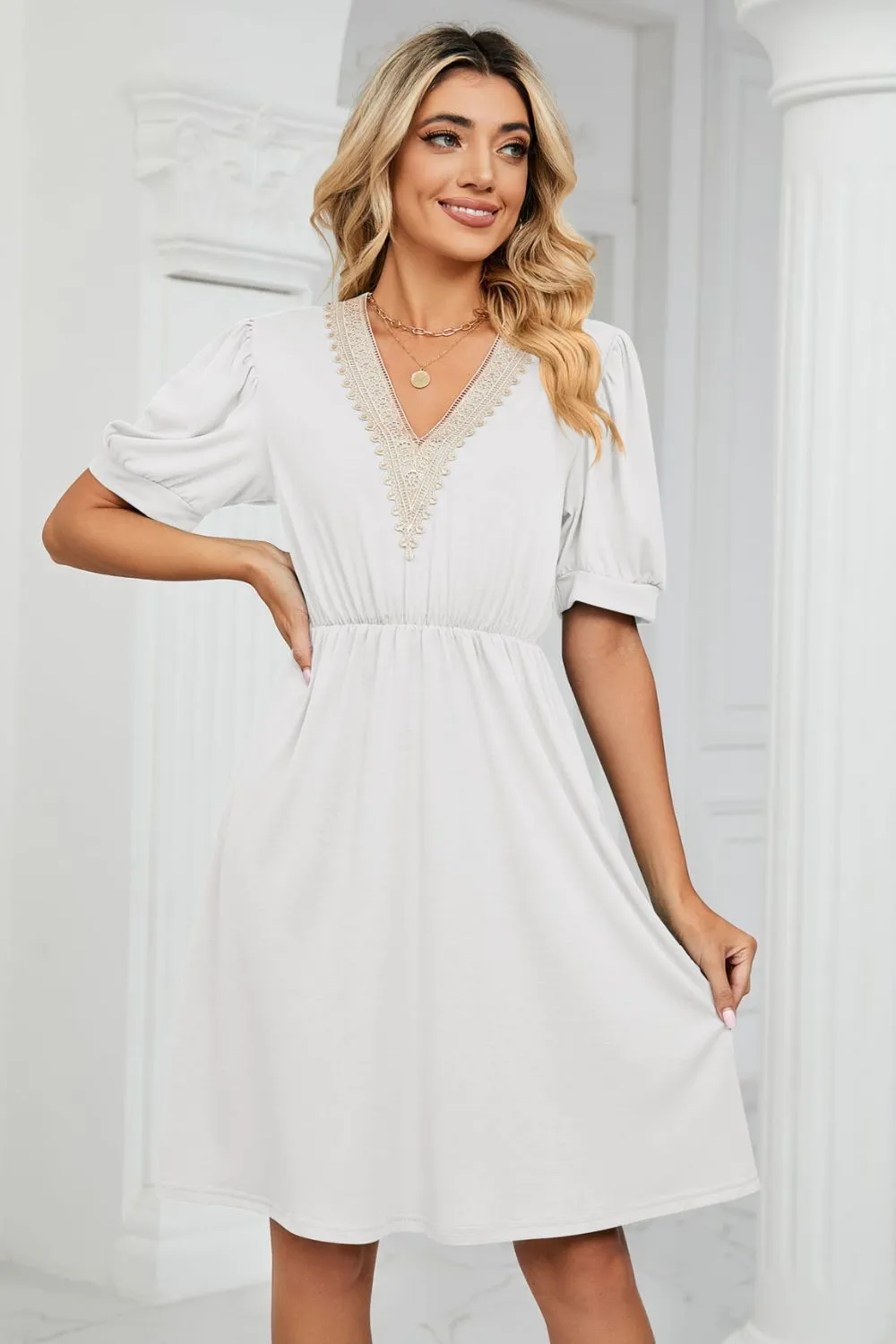 Contrast V-Neck Puff Sleeve Pocket Dress, image 7