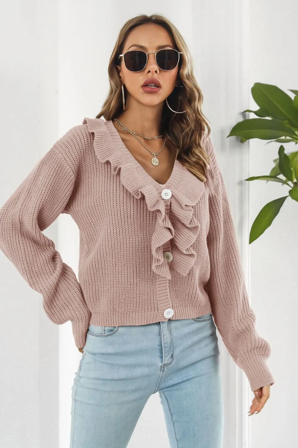 Ruffle Trim Button-Down Dropped Shoulder Sweater, image 4