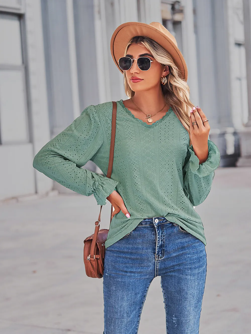 Eyelet V-Neck Flounce Sleeve Blouse, image 4