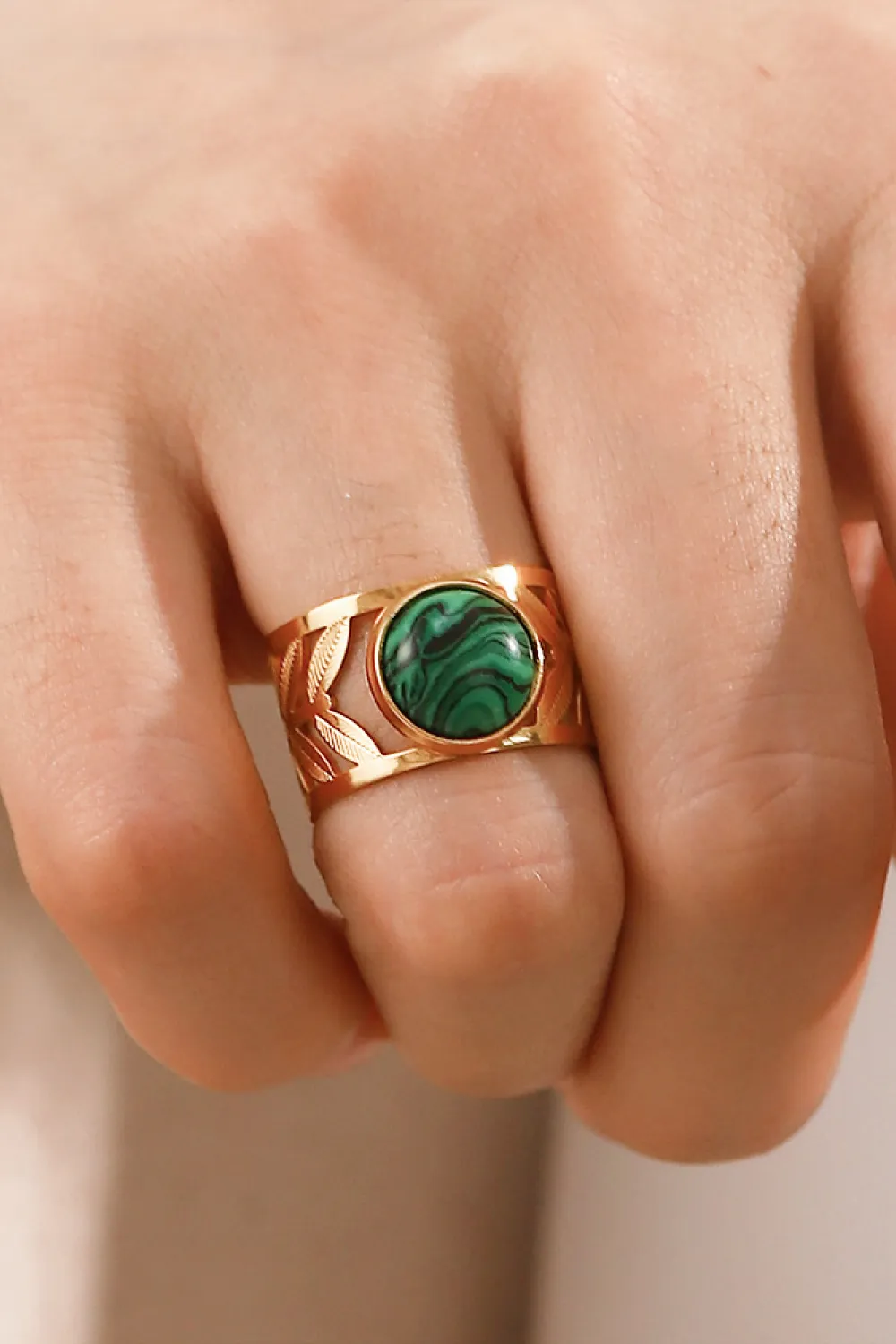18k Gold Plated Malachite Leaf Ring, image 3