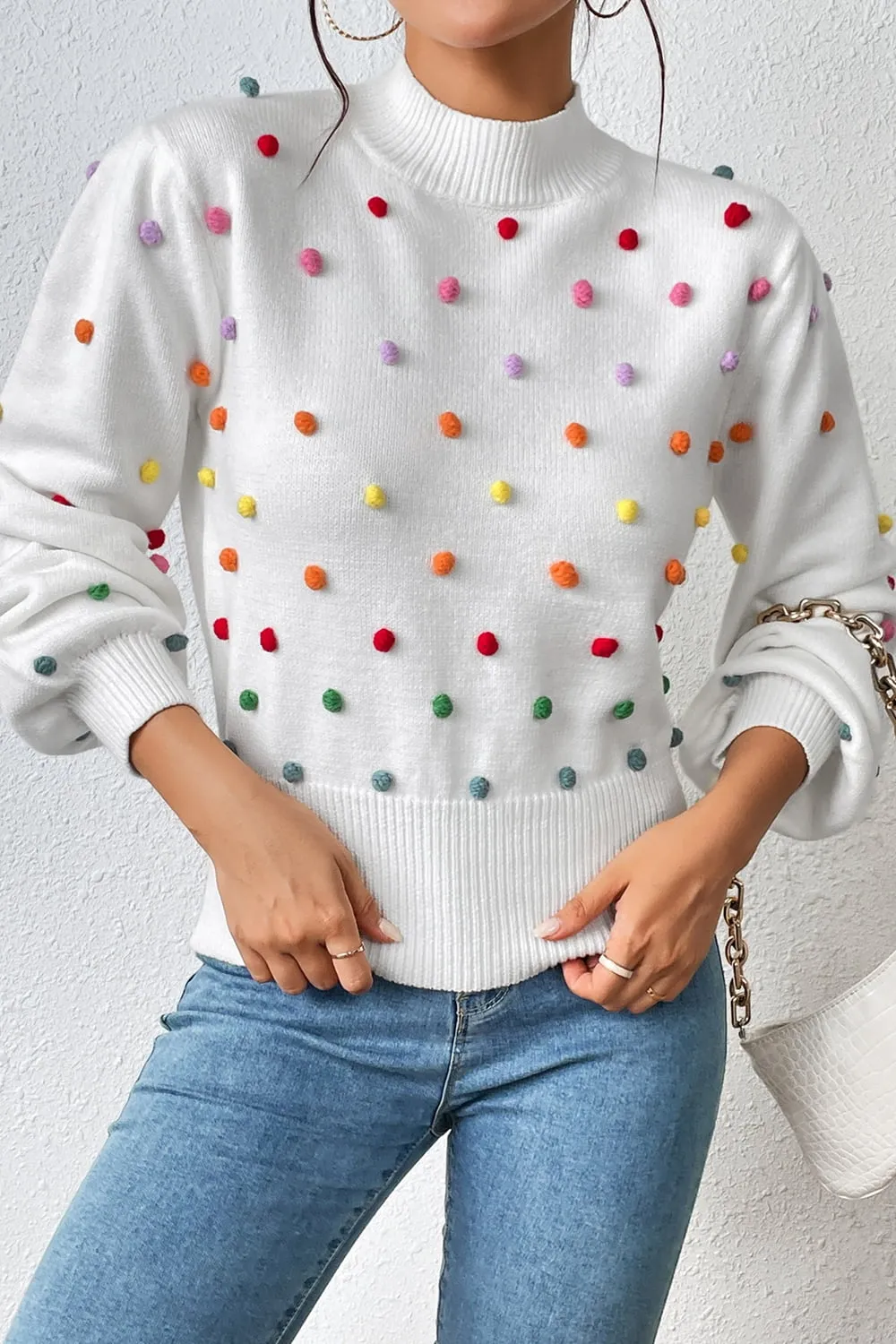 Pom-Pom Trim Mock Neck Long Sleeve Pullover Sweater, image 4