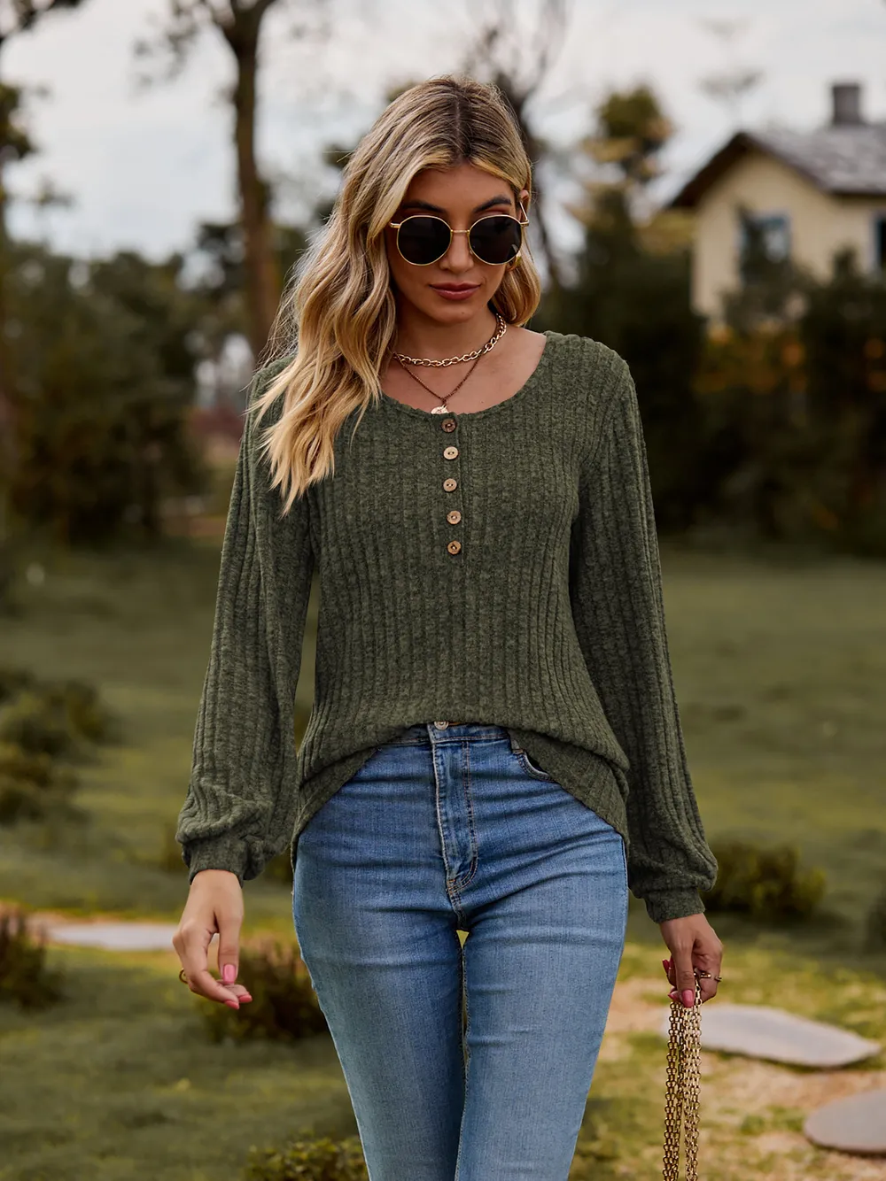 Round Neck Button-Down Long Sleeve Tee, image 22