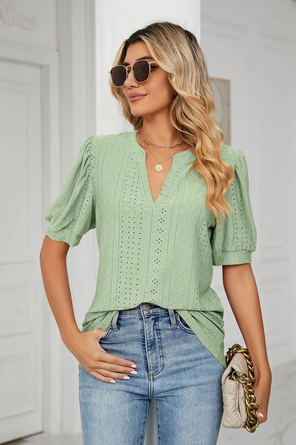 Eyelet Short Puff Sleeve Notched Neck Top, image 14