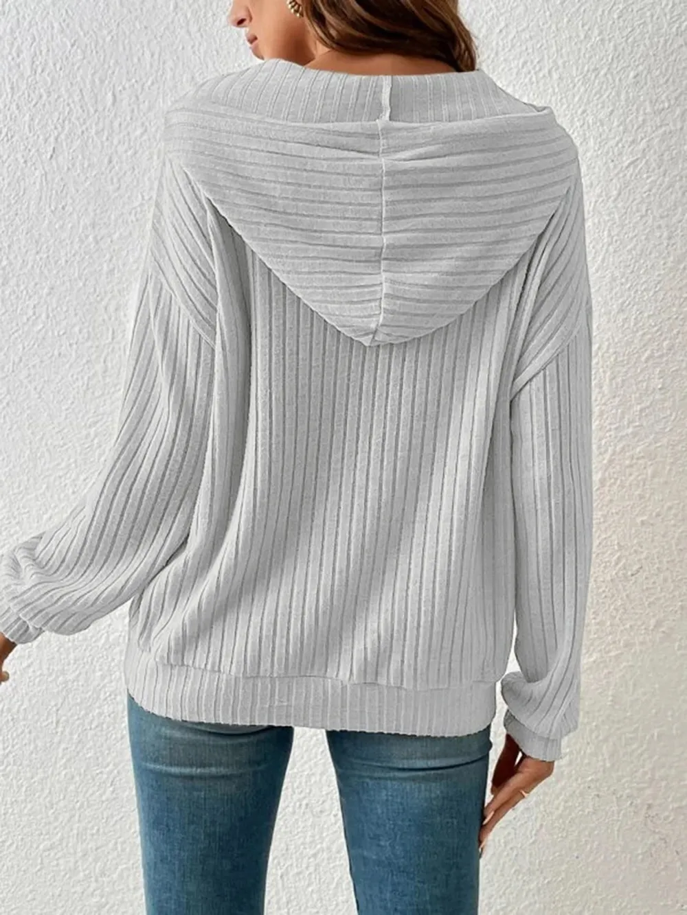 Ribbed Dropped Shoulder Drawstring Hoodie, image 12