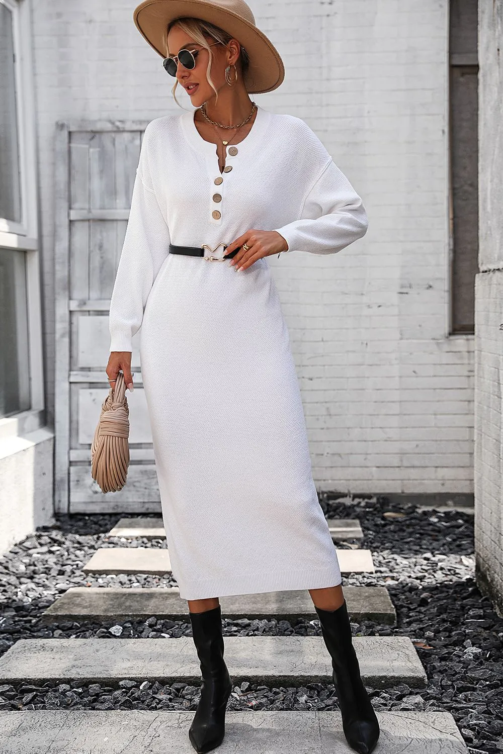 Notched Neck Dropped Shoulder Button-Down Midi Dress, image 13