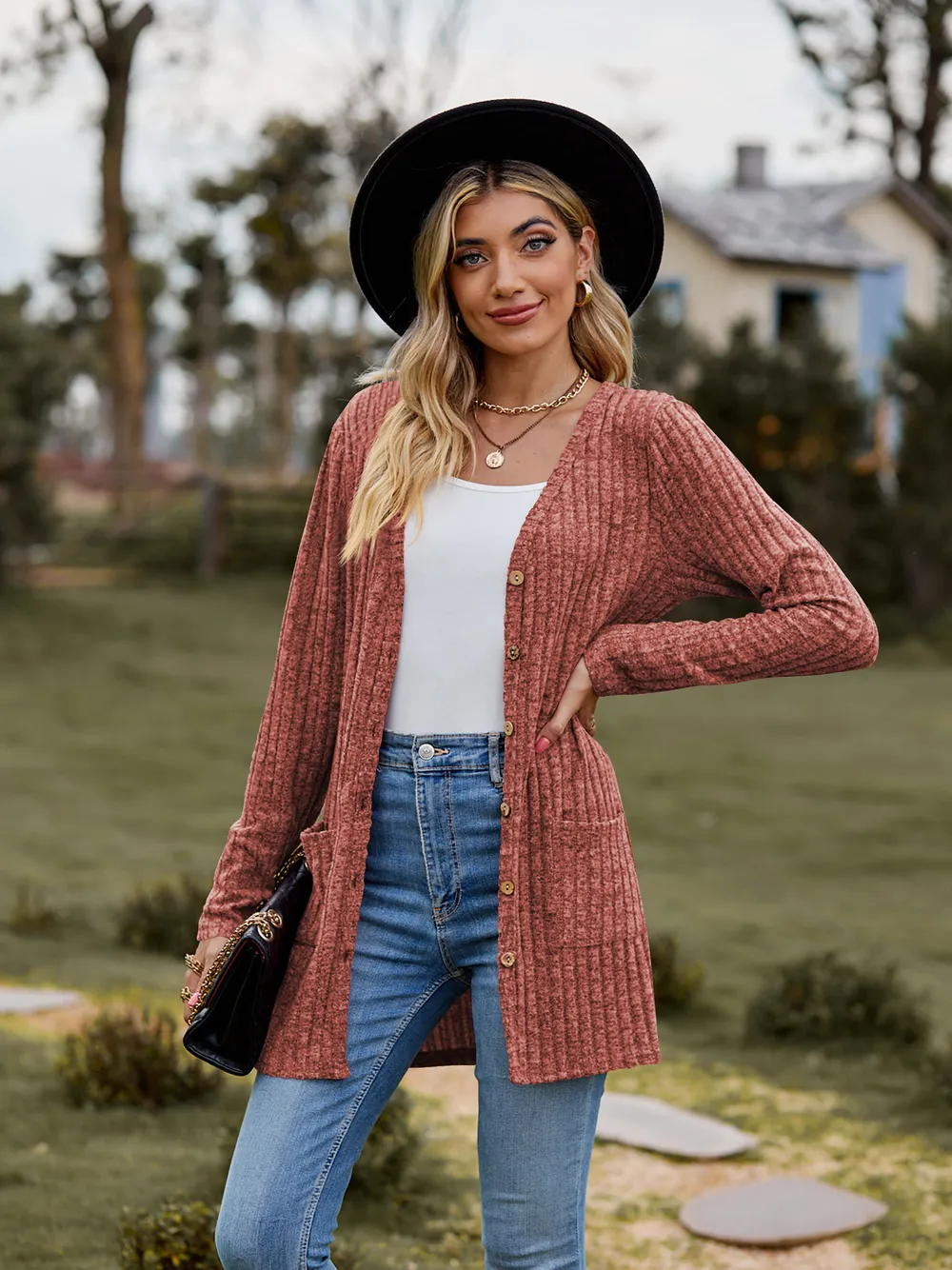 Ribbed Button-Up Cardigan with Pockets, image 2