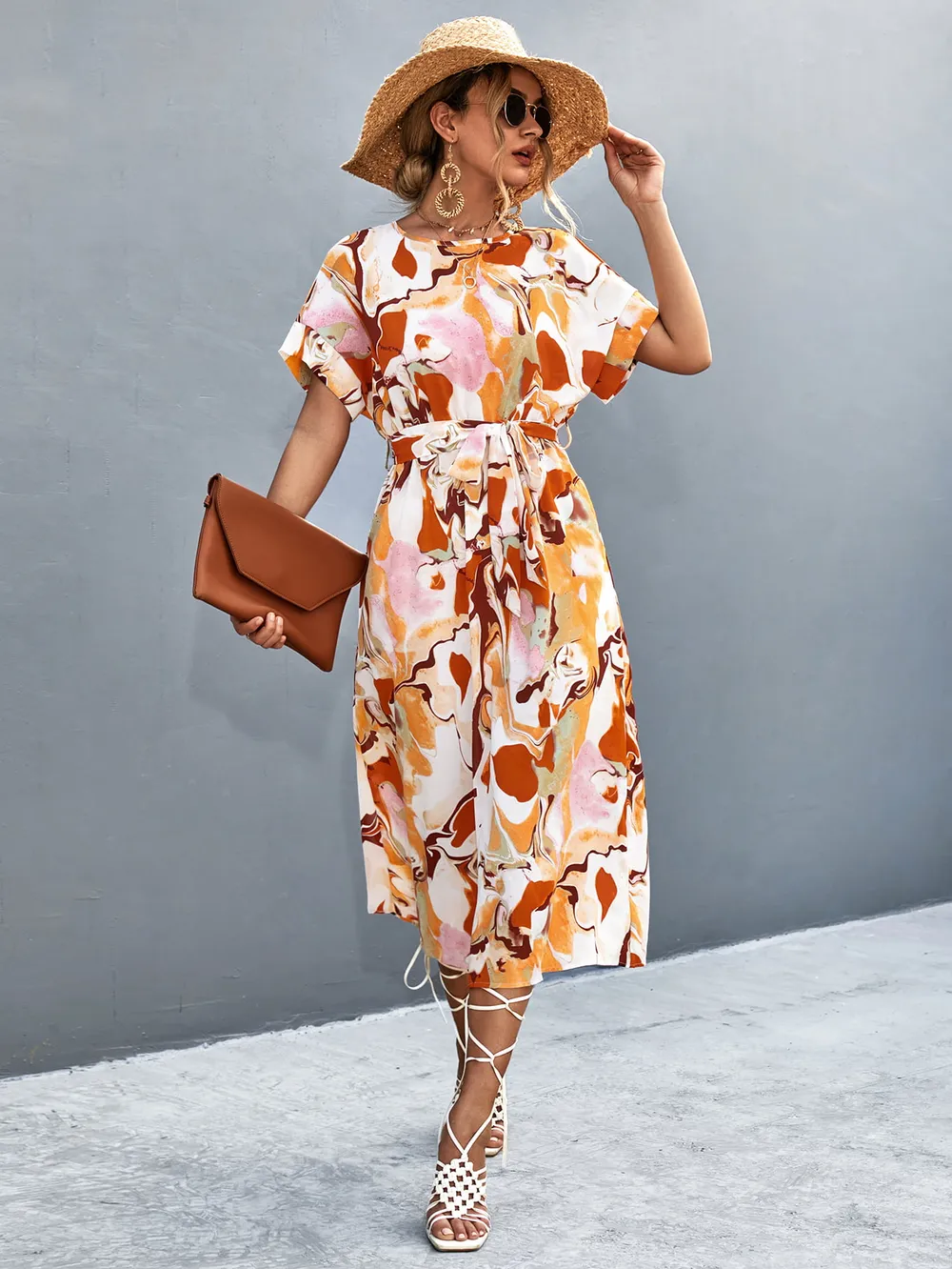 Round Neck Short Sleeve Tie Waist Midi Dress, image 2