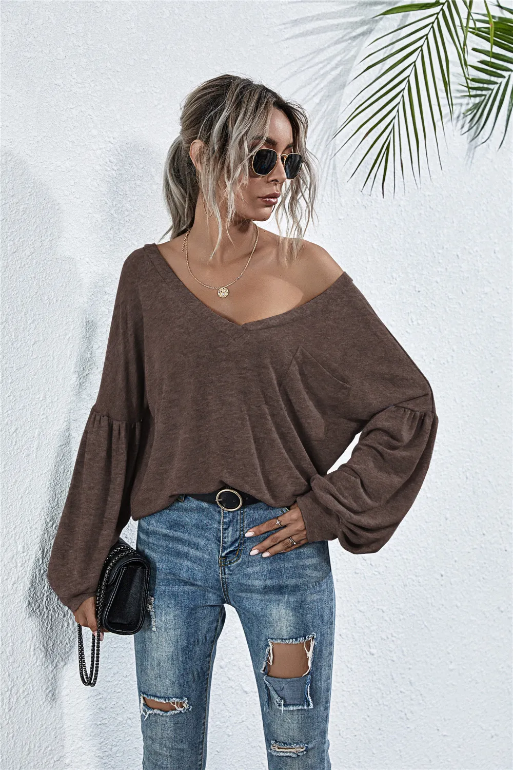 V-Neck Long Sleeve Dropped Shoulder Knit Top, image 3