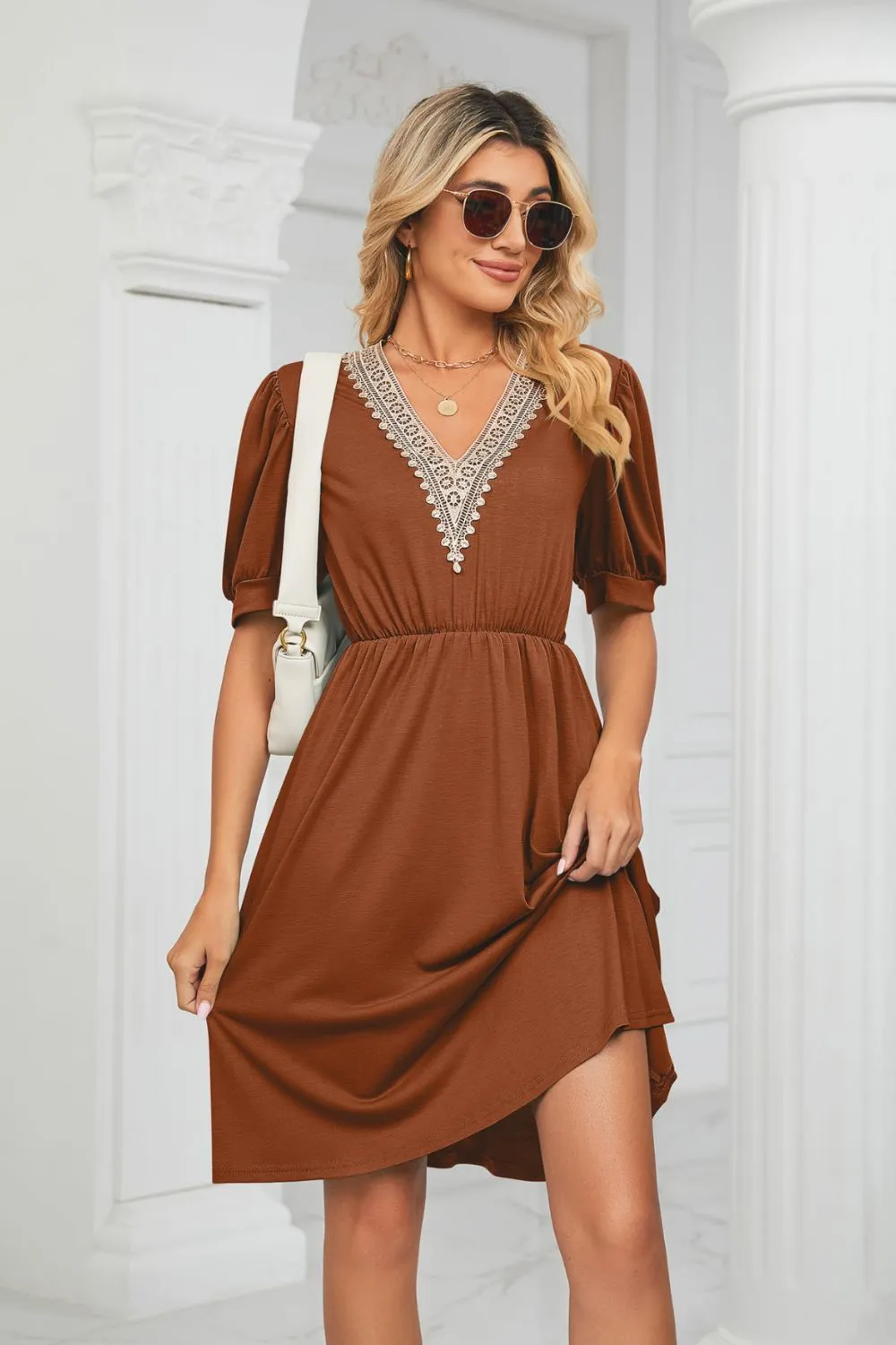 Contrast V-Neck Puff Sleeve Pocket Dress, image 14