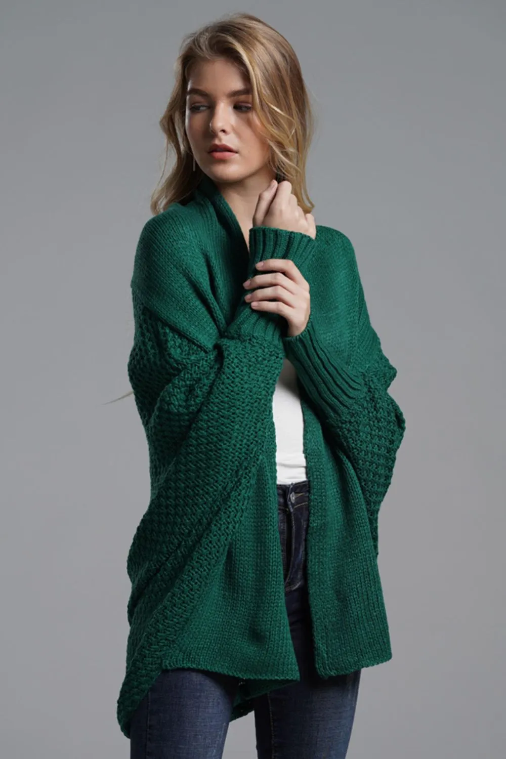 Dolman Sleeve Open Front Ribbed Trim Longline Cardigan, image 24
