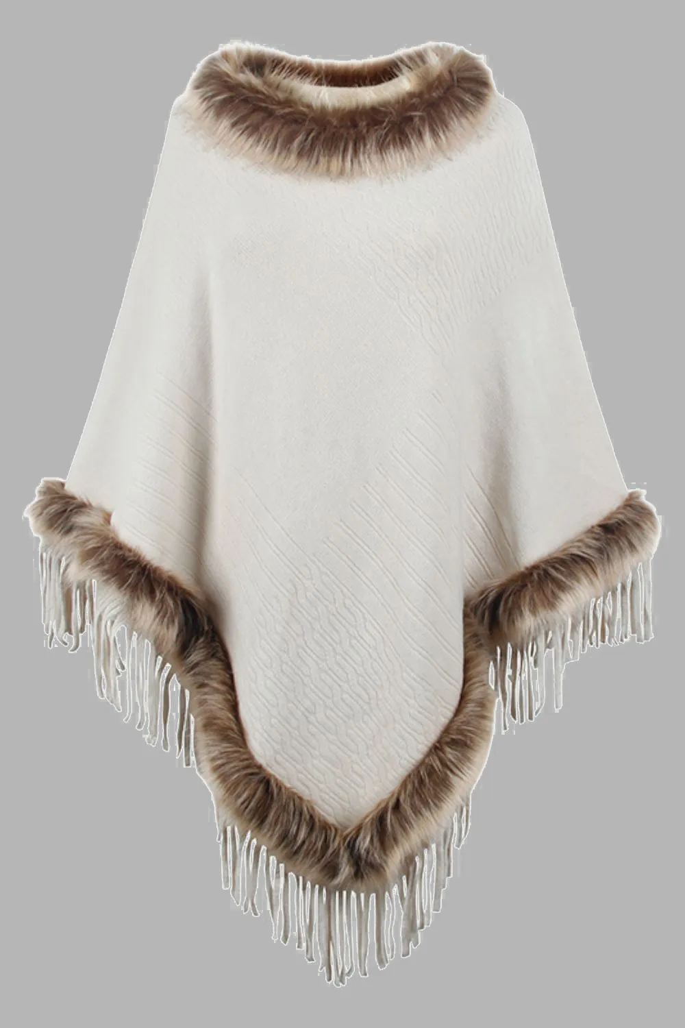 Faux Fur Trim Fringed Poncho, image 2